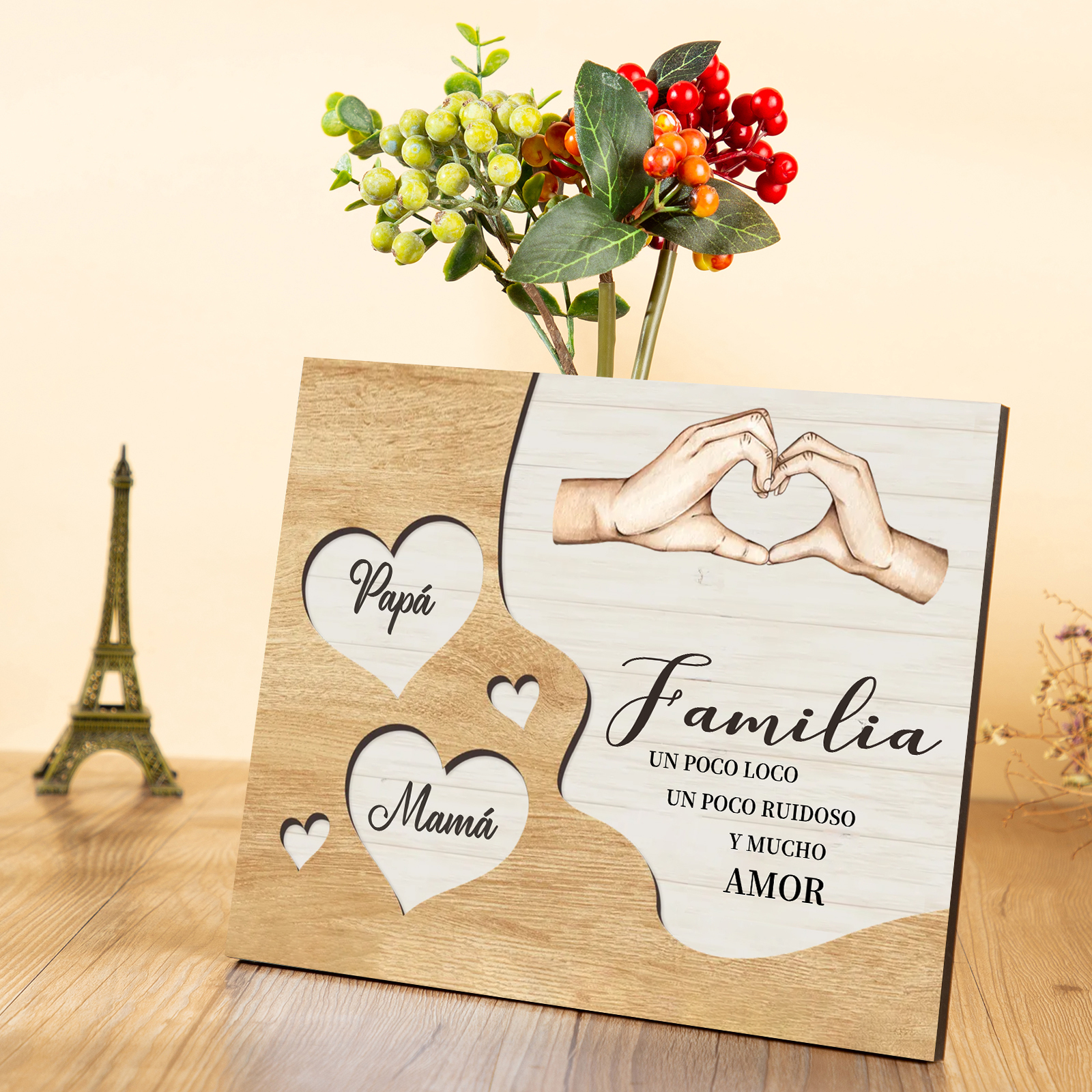 A la familia-Lámina de madera mano a mano con corazones personalizados de 2 nombres | Jessemade