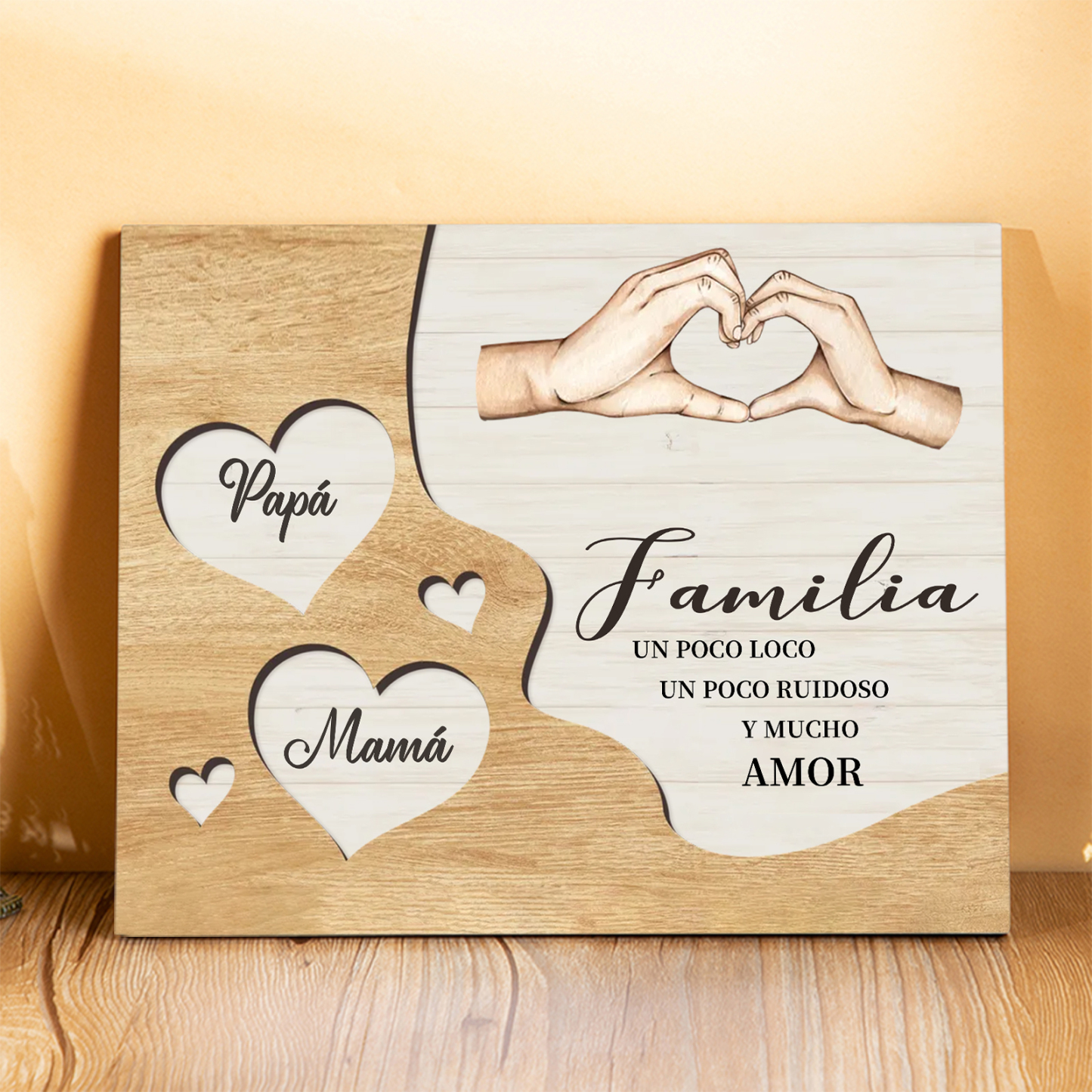 A la familia-Lámina de madera mano a mano con corazones personalizados de 2 nombres | Jessemade