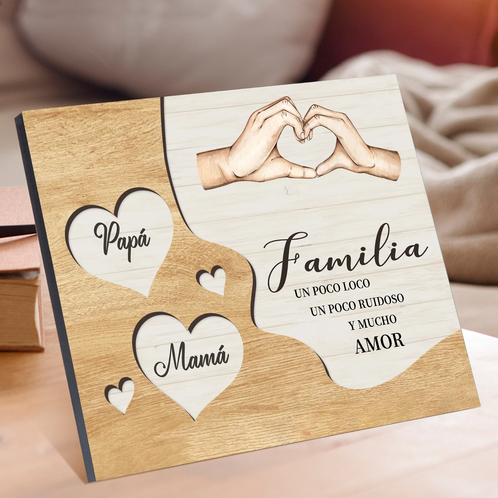 A la familia-Lámina de madera mano a mano con corazones personalizados de 2 nombres | Jessemade