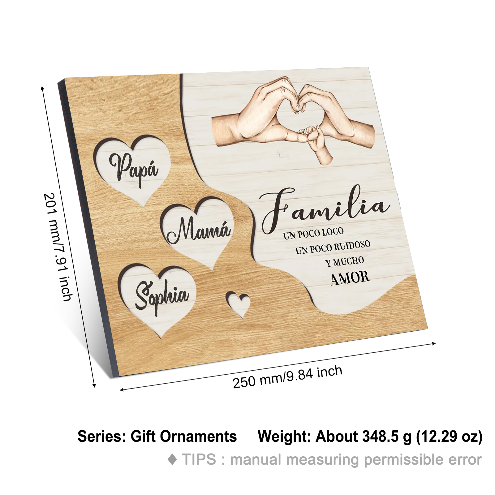A la familia-Lámina de madera mano a mano con corazones personalizados de 3 nombres | Jessemade