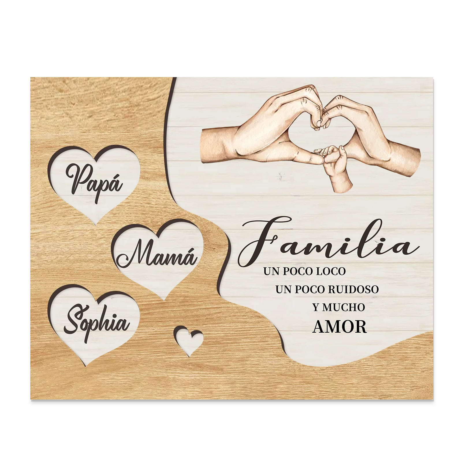 A la familia-Lámina de madera mano a mano con corazones personalizados de 3 nombres | Jessemade