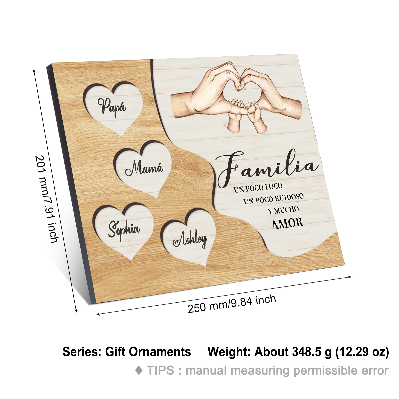 A la familia-Lámina de madera mano a mano con corazones personalizados de 4 nombres | Jessemade