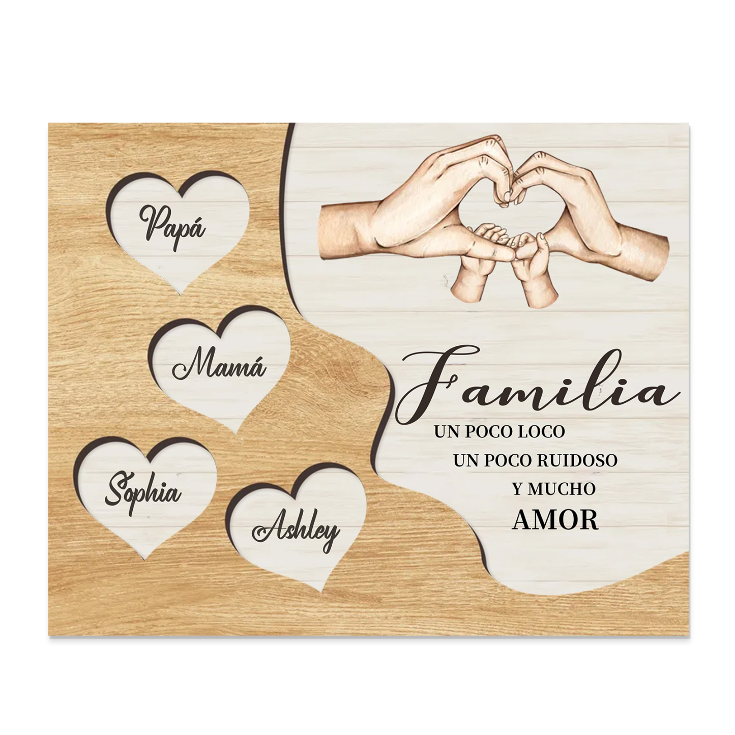 A la familia-Lámina de madera mano a mano con corazones personalizados de 4 nombres | Jessemade
