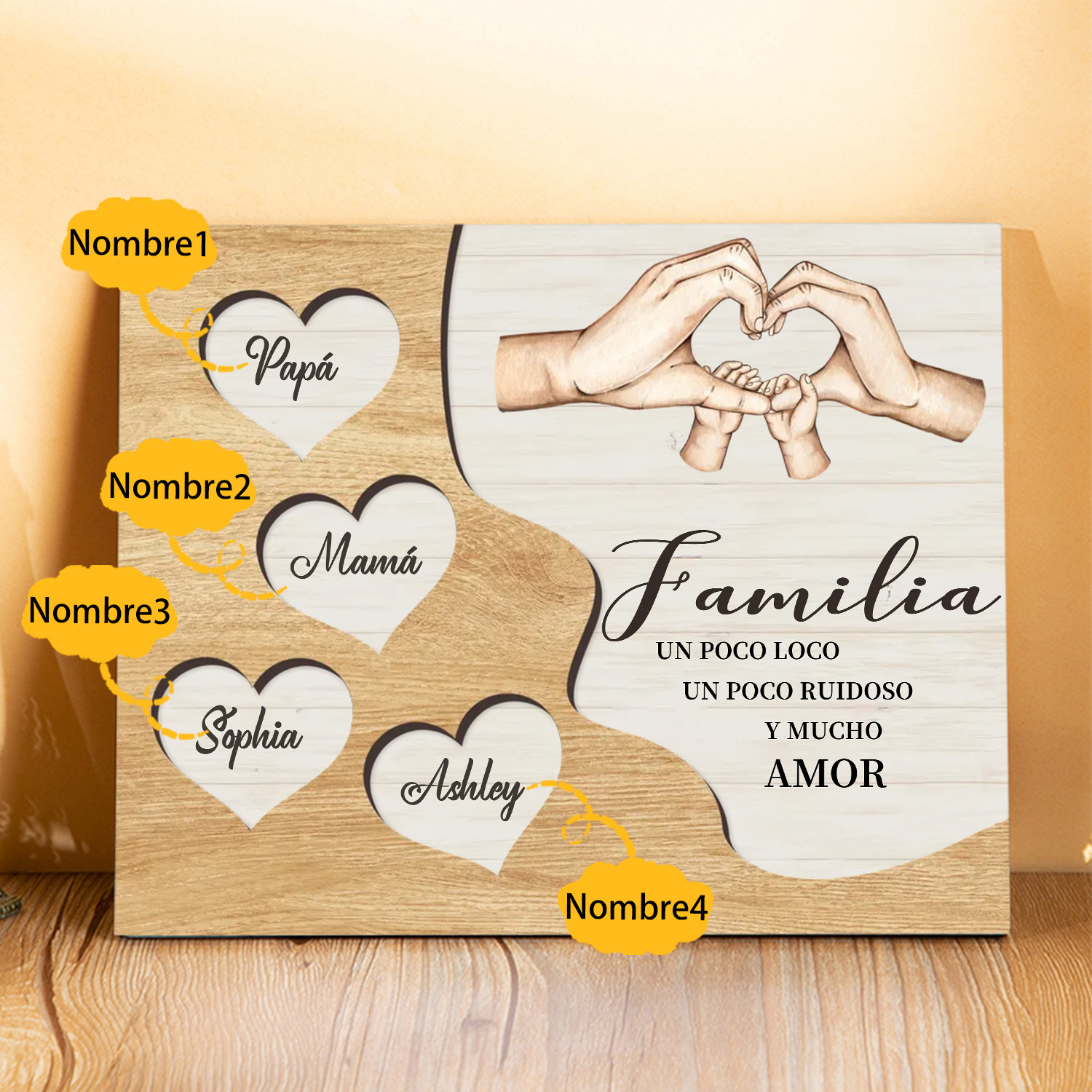 A la familia-Lámina de madera mano a mano con corazones personalizados de 4 nombres | Jessemade
