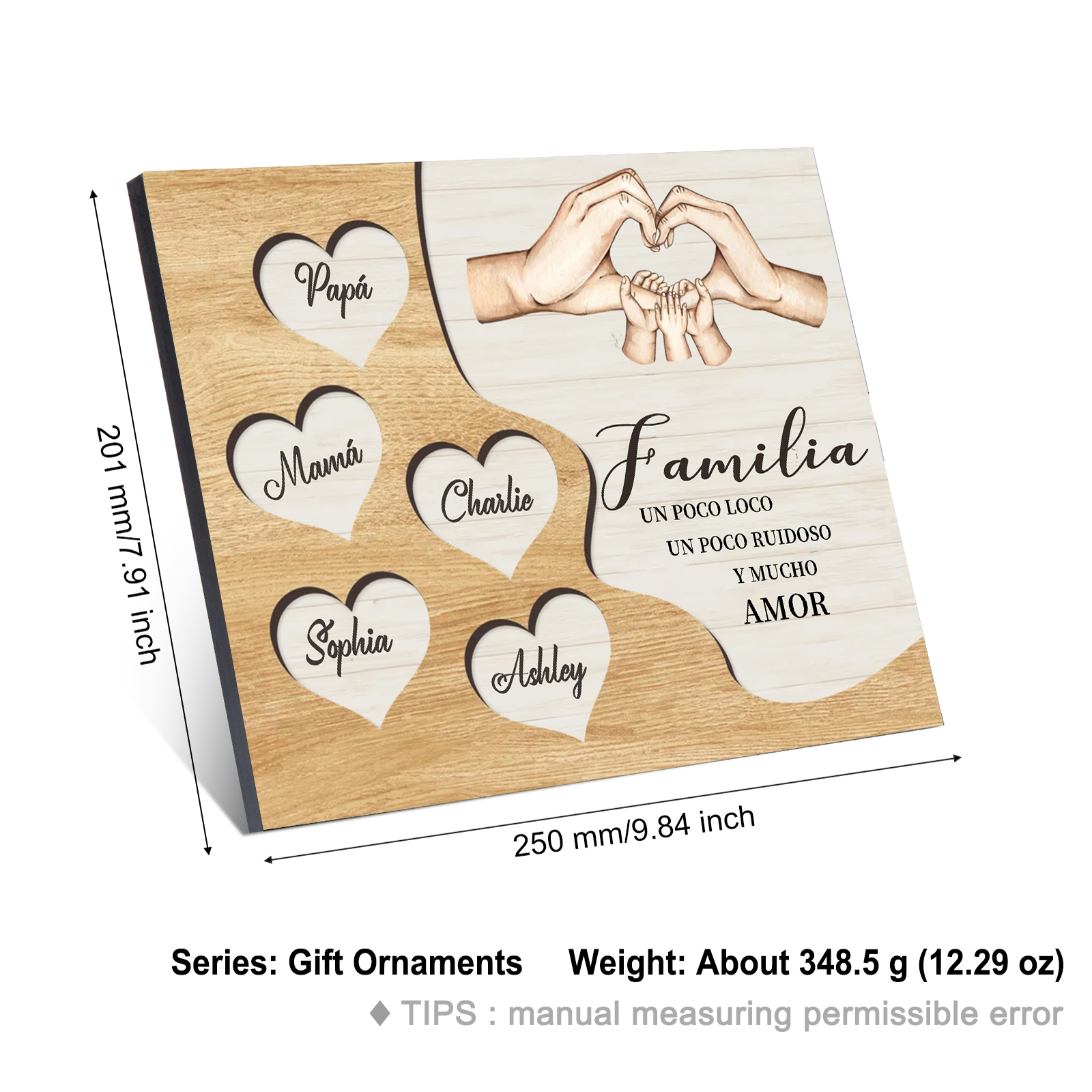 A la familia-Lámina de madera mano a mano con corazones personalizados de 5 nombres | Jessemade