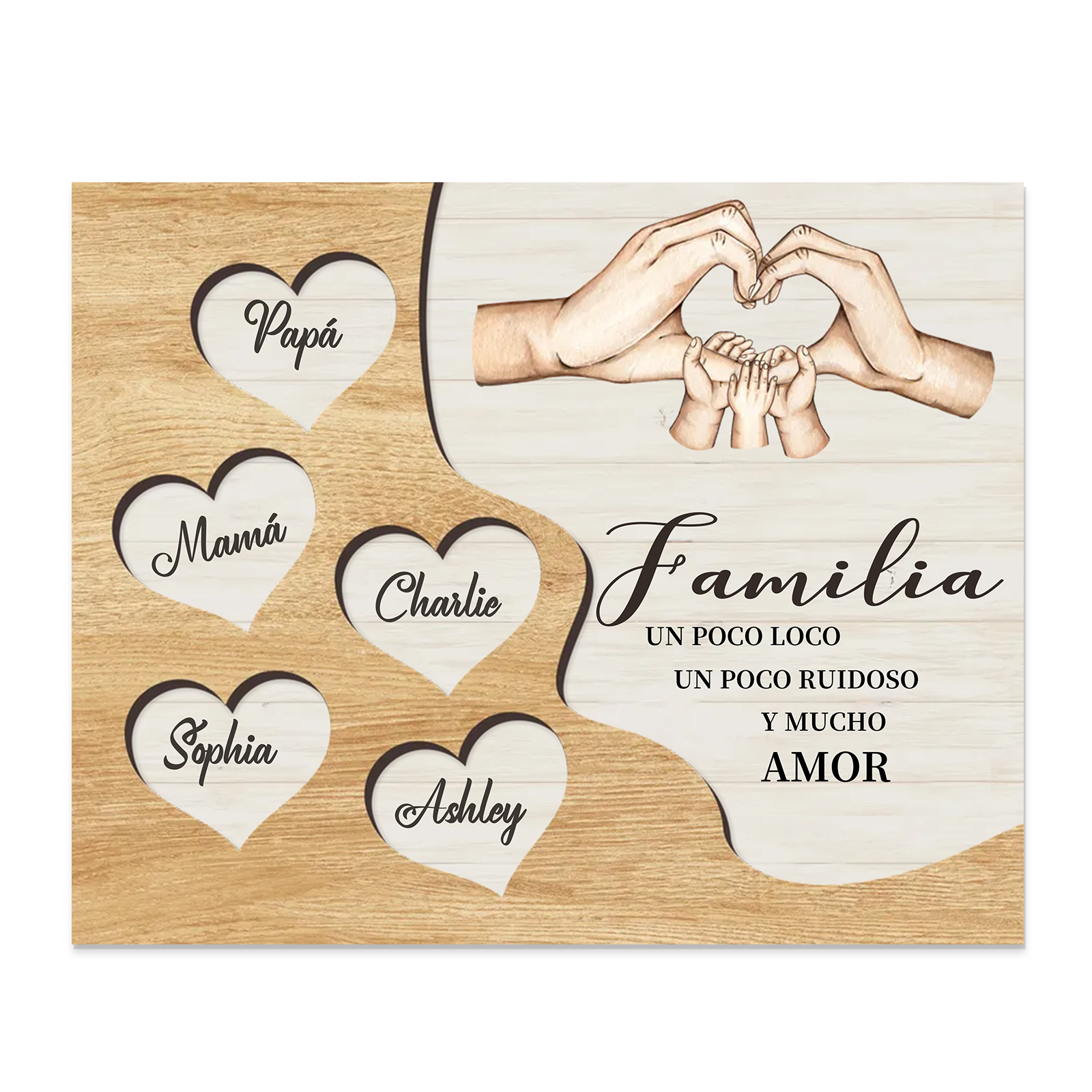 A la familia-Lámina de madera mano a mano con corazones personalizados de 5 nombres | Jessemade
