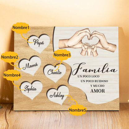 A la familia-Lámina de madera mano a mano con corazones personalizados de 5 nombres | Jessemade