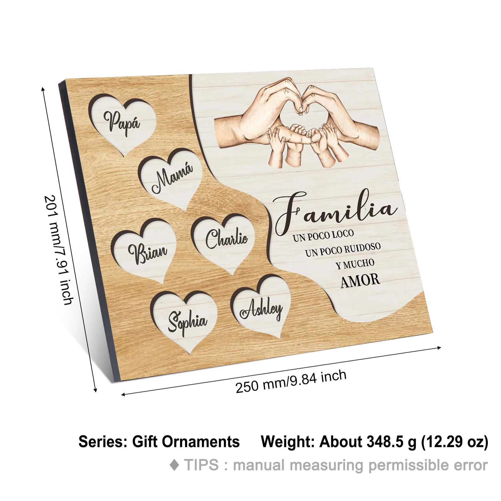 A la familia-Lámina de madera mano a mano con corazones personalizados de 6 nombres | Jessemade