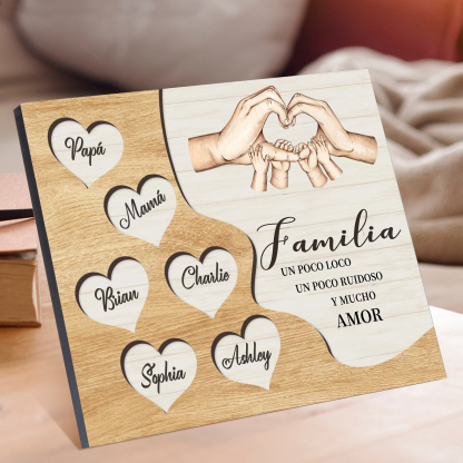 A la familia-Lámina de madera mano a mano con corazones personalizados de 6 nombres | Jessemade