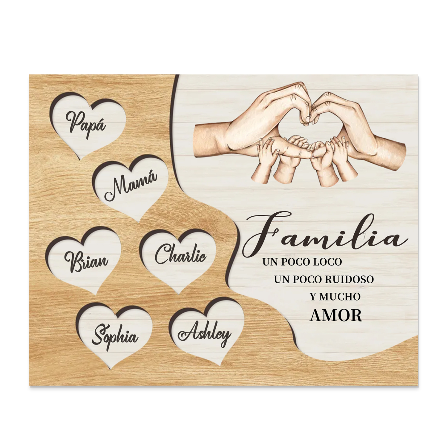 A la familia-Lámina de madera mano a mano con corazones personalizados de 6 nombres | Jessemade