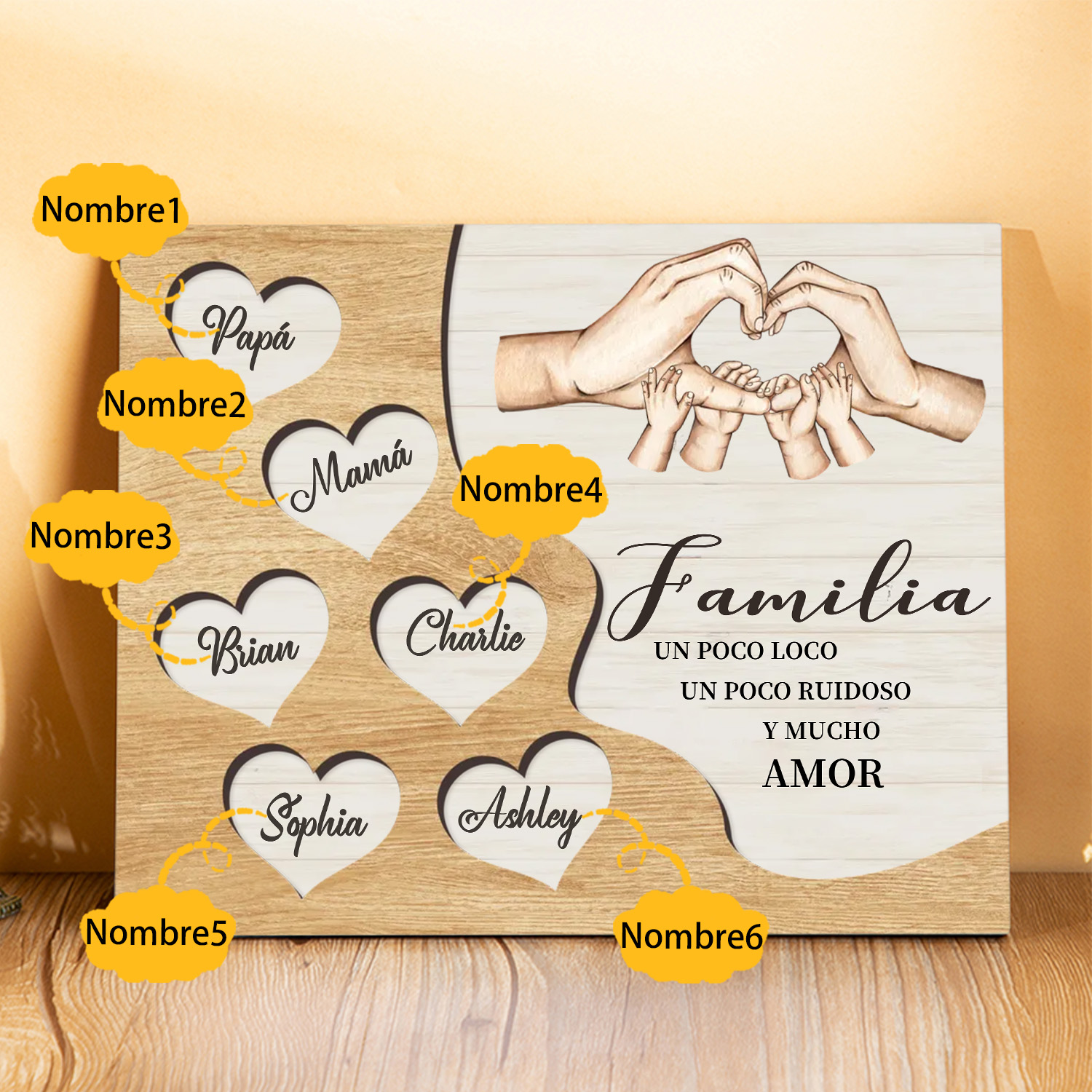 A la familia-Lámina de madera mano a mano con corazones personalizados de 6 nombres | Jessemade