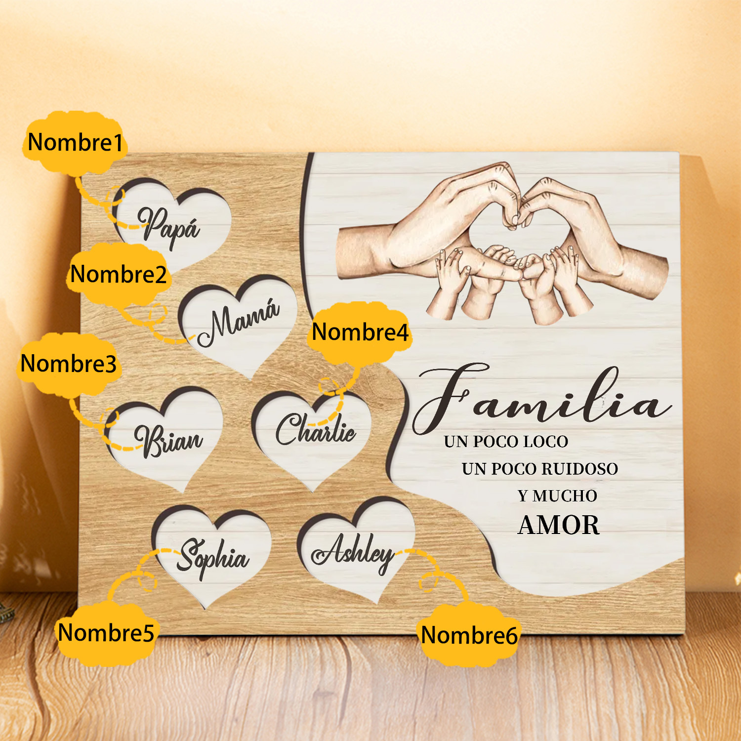 A la familia-Lámina de madera mano a mano con corazones personalizados de 6 nombres | Jessemade