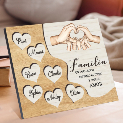 A la familia-Lámina de madera mano a mano con corazones personalizados de 7 nombres | Jessemade