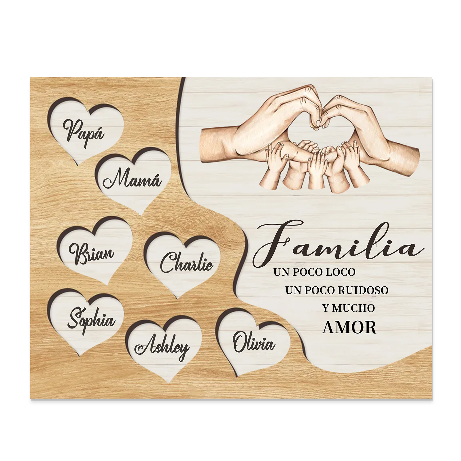 A la familia-Lámina de madera mano a mano con corazones personalizados de 7 nombres | Jessemade