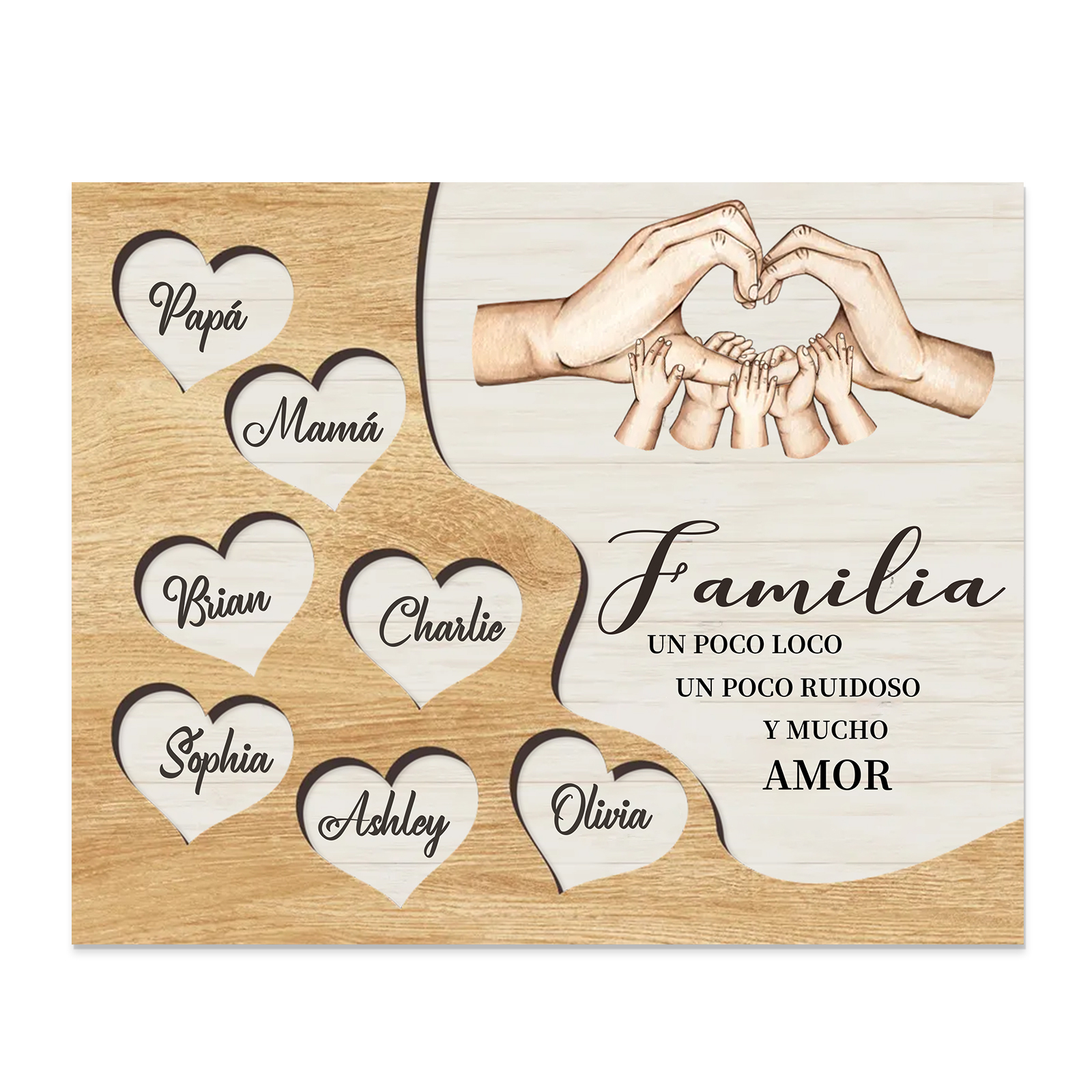 A la familia-Lámina de madera mano a mano con corazones personalizados de 7 nombres | Jessemade