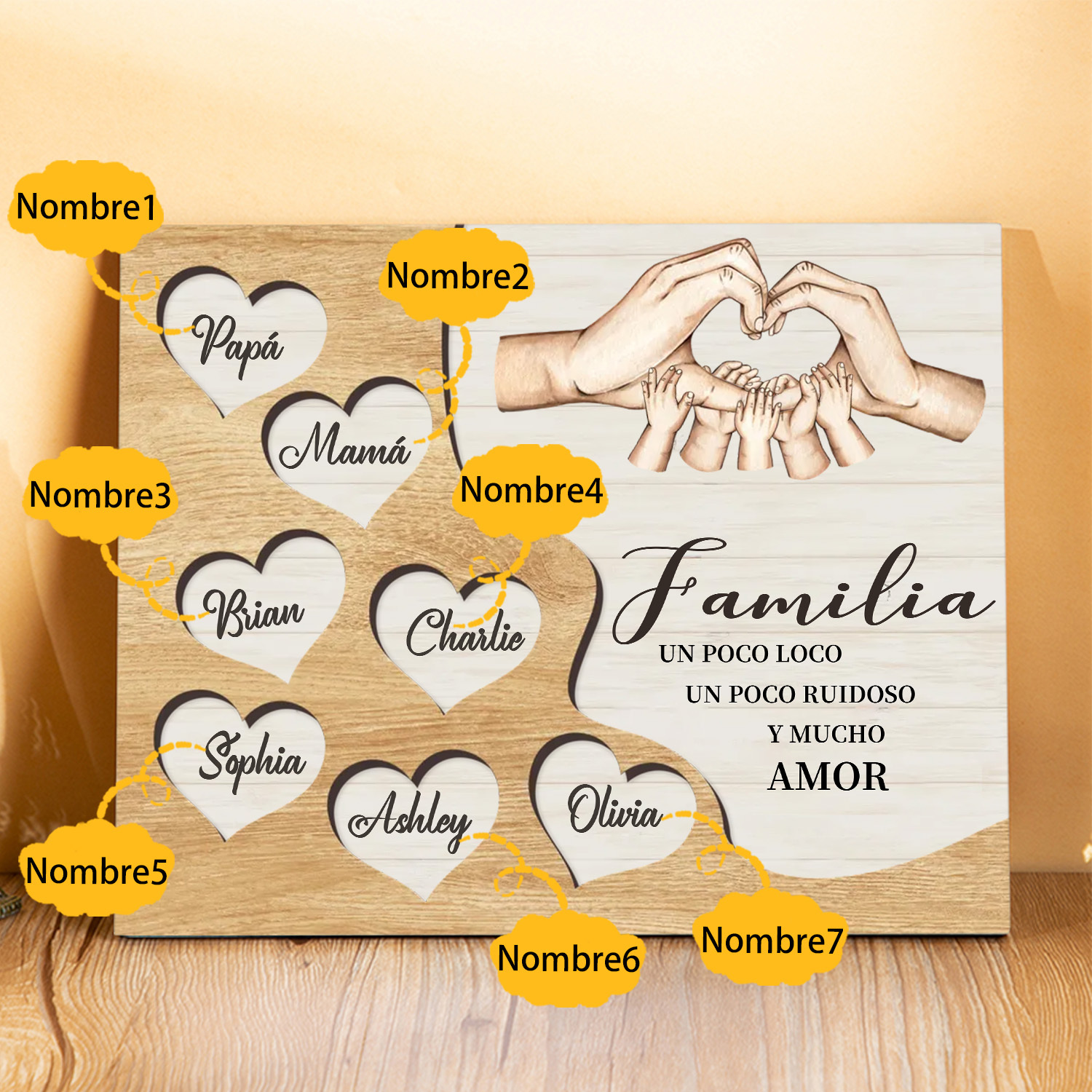A la familia-Lámina de madera mano a mano con corazones personalizados de 7 nombres | Jessemade