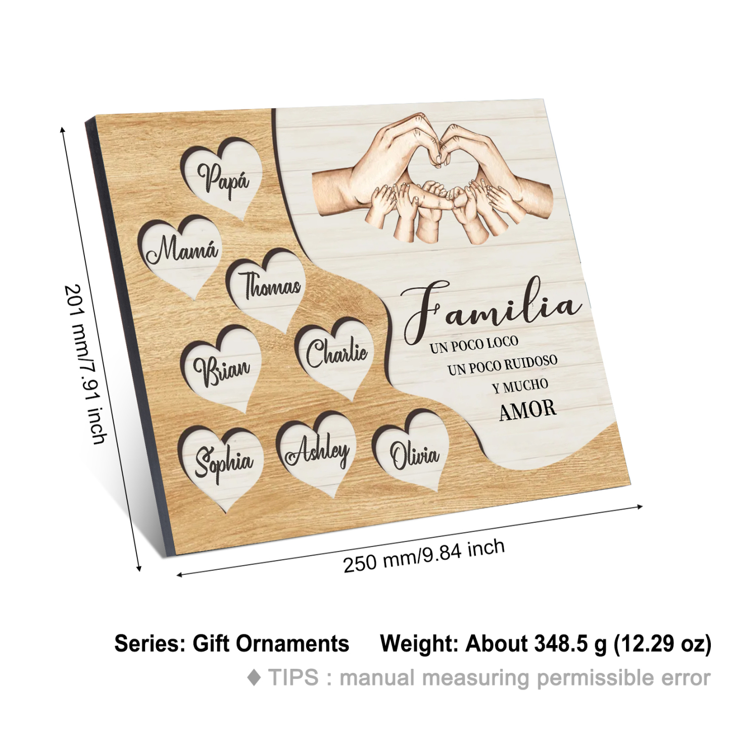 A la familia-Lámina de madera mano a mano con corazones personalizados de 8 nombres | Jessemade