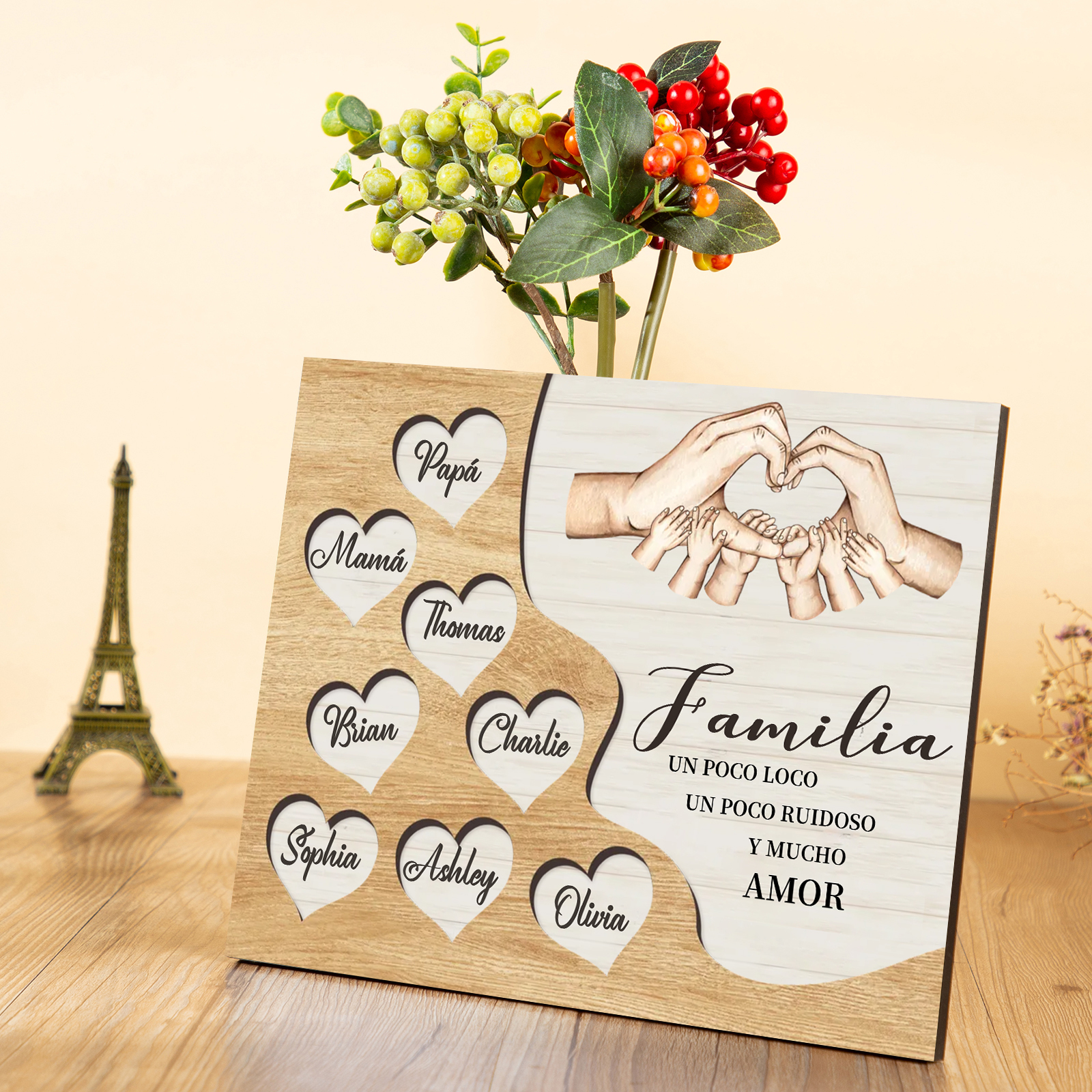 A la familia-Lámina de madera mano a mano con corazones personalizados de 8 nombres | Jessemade
