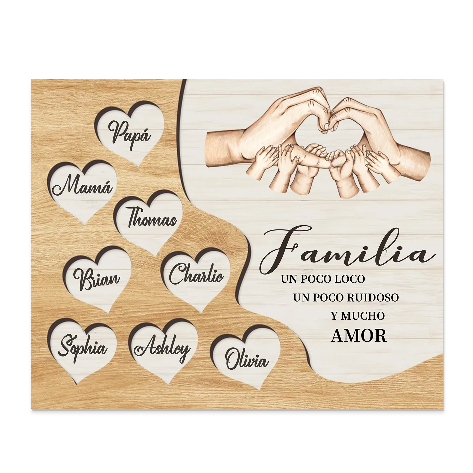 A la familia-Lámina de madera mano a mano con corazones personalizados de 8 nombres | Jessemade
