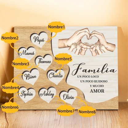 A la familia-Lámina de madera mano a mano con corazones personalizados de 8 nombres | Jessemade