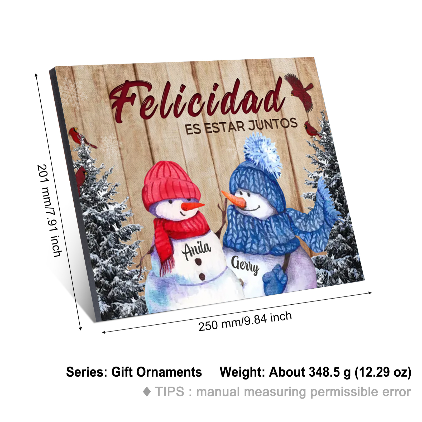 A mi familia-Lámina de madera Feliz Navidad muñecos de nieve personalizada con 2 nombres y 2 textos | Jessemade