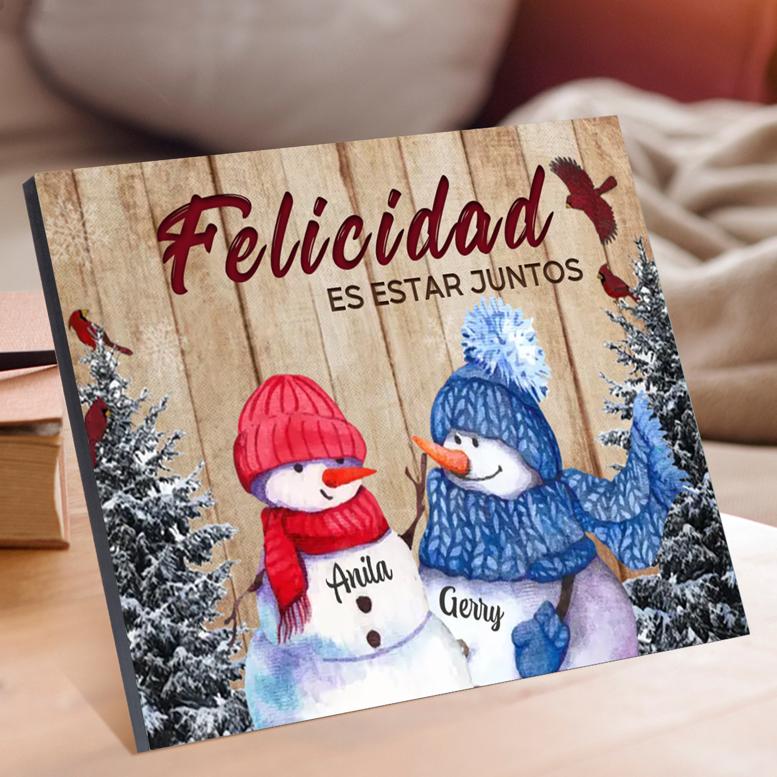 A mi familia-Lámina de madera Feliz Navidad muñecos de nieve personalizada con 2 nombres y 2 textos | Jessemade