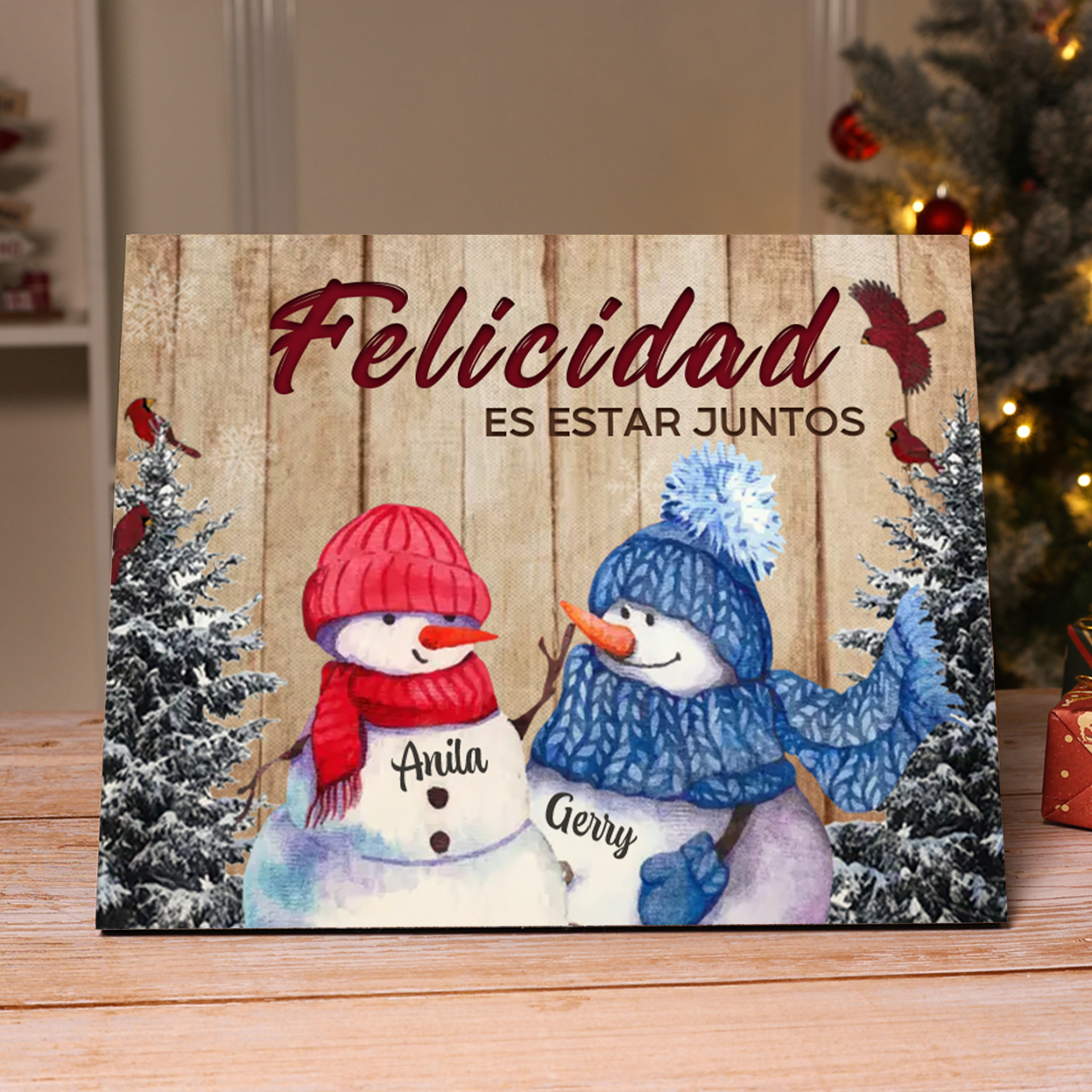 A mi familia-Lámina de madera Feliz Navidad muñecos de nieve personalizada con 2 nombres y 2 textos | Jessemade