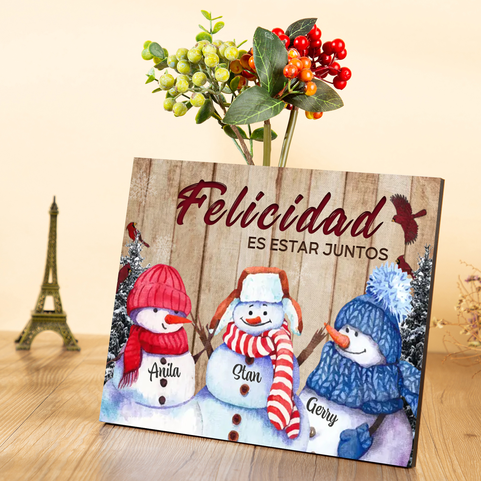 A mi familia-Lámina de madera Feliz Navidad muñecos de nieve personalizada con 3 nombres y 2 textos | Jessemade