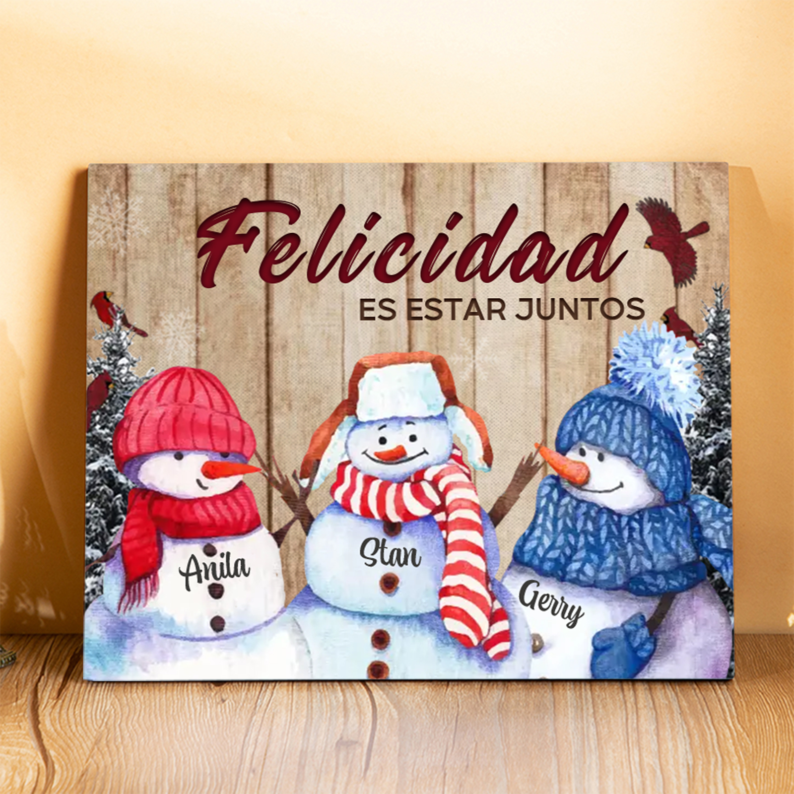 A mi familia-Lámina de madera Feliz Navidad muñecos de nieve personalizada con 3 nombres y 2 textos | Jessemade