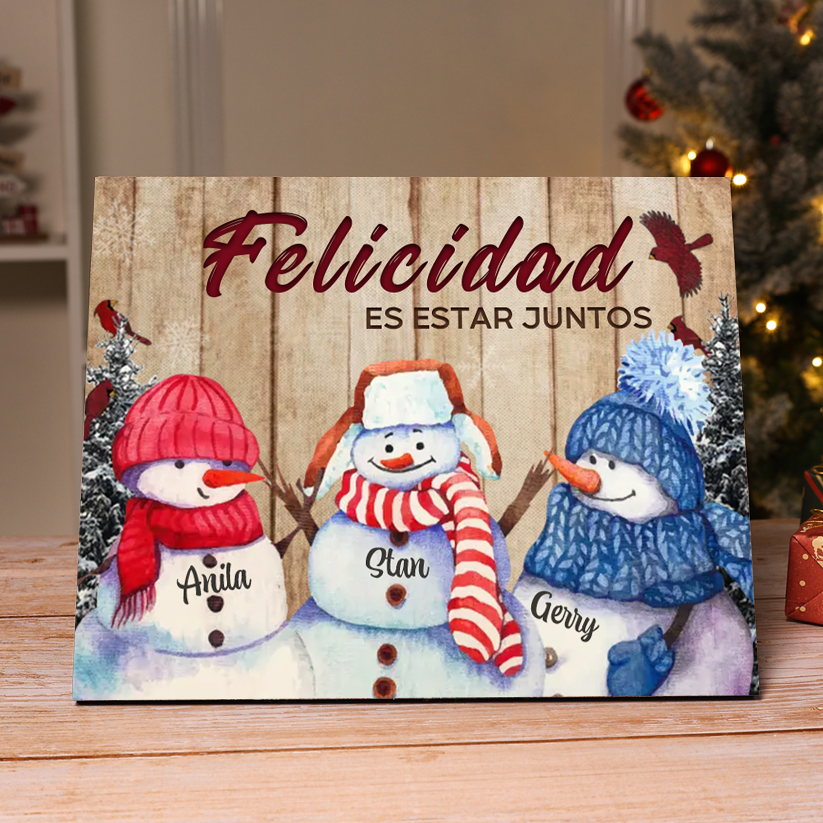 A mi familia-Lámina de madera Feliz Navidad muñecos de nieve personalizada con 3 nombres y 2 textos | Jessemade