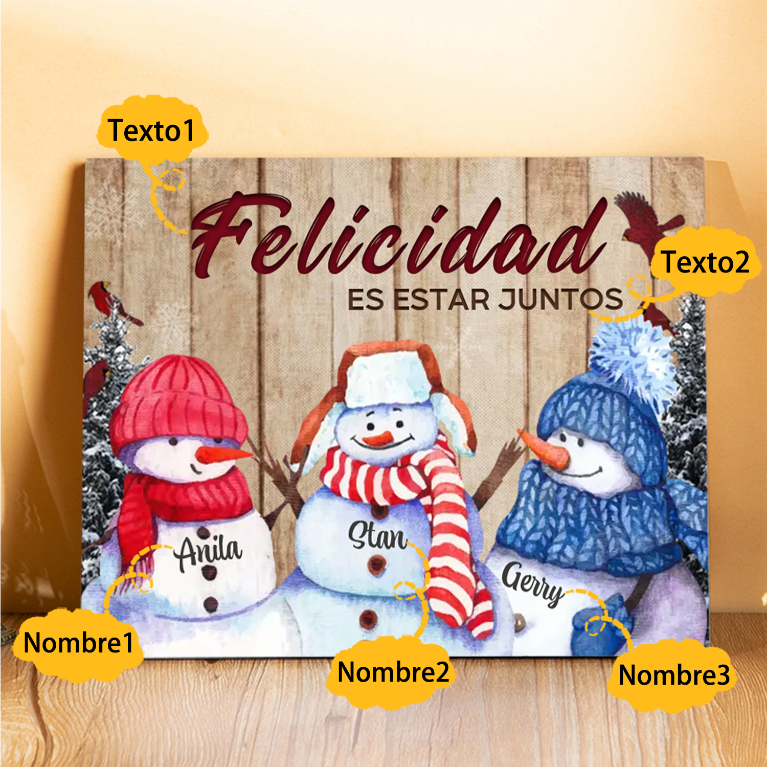 A mi familia-Lámina de madera Feliz Navidad muñecos de nieve personalizada con 3 nombres y 2 textos | Jessemade