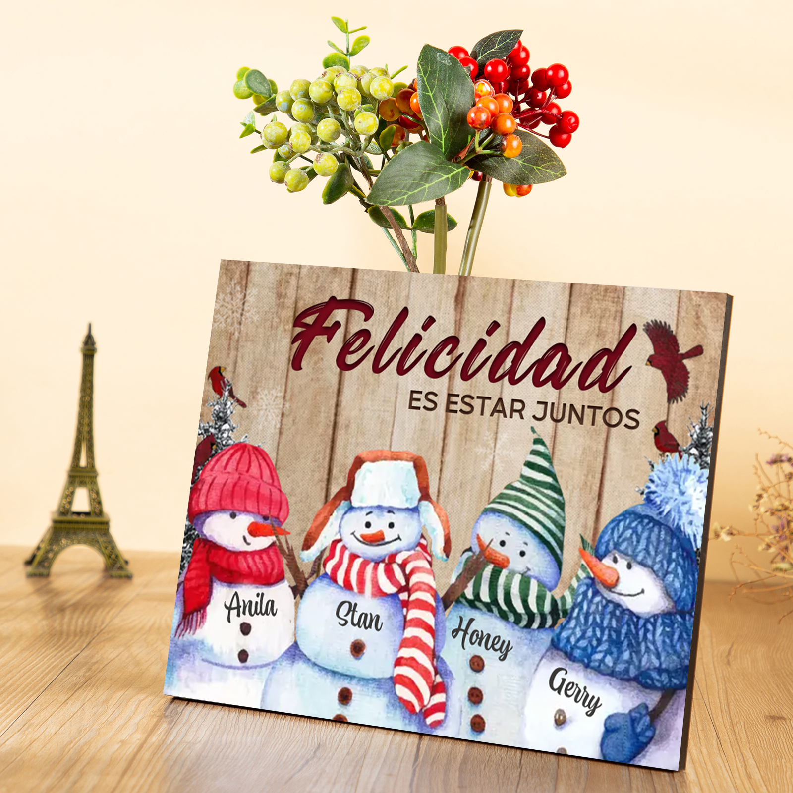A mi familia-Lámina de madera Feliz Navidad muñecos de nieve personalizada con 4 nombres y 2 textos | Jessemade