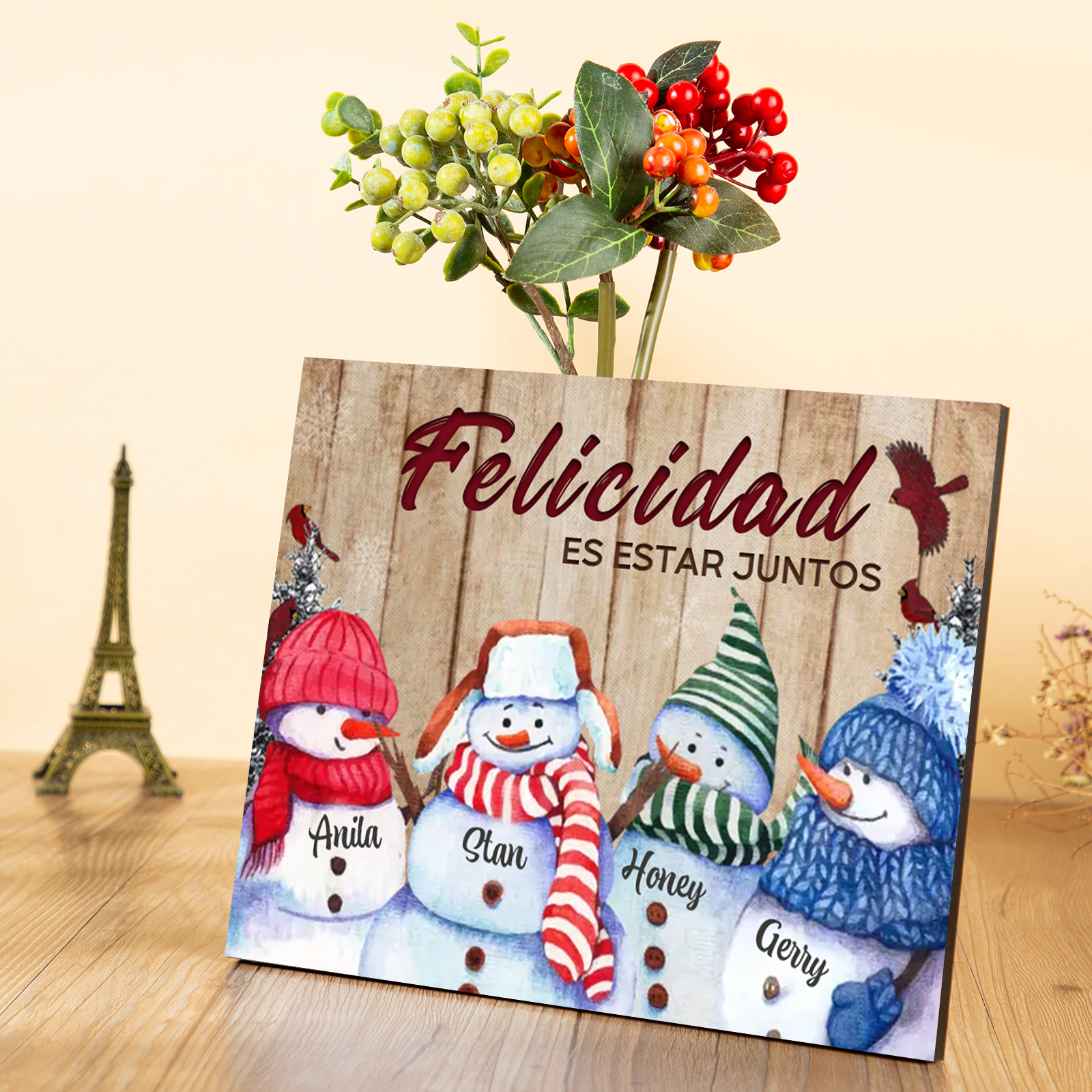 A mi familia-Lámina de madera Feliz Navidad muñecos de nieve personalizada con 4 nombres y 2 textos | Jessemade