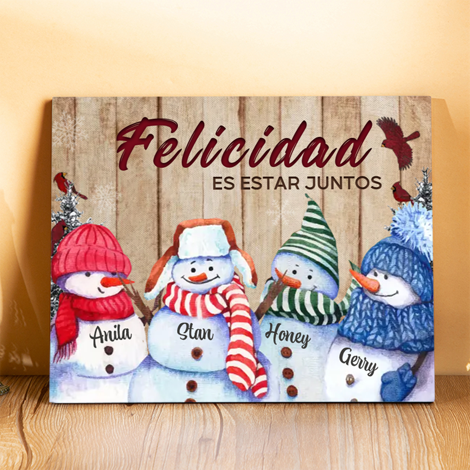 A mi familia-Lámina de madera Feliz Navidad muñecos de nieve personalizada con 4 nombres y 2 textos | Jessemade