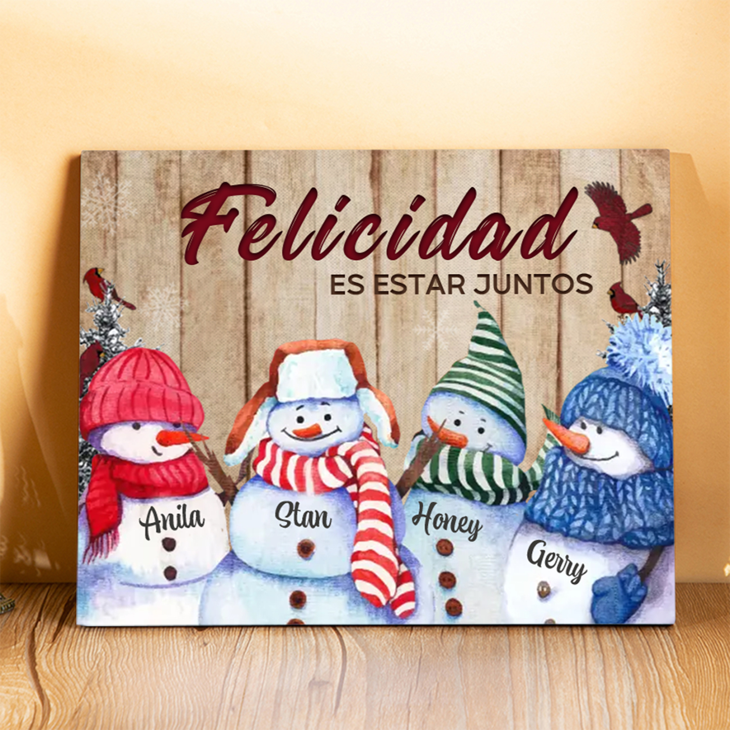 A mi familia-Lámina de madera Feliz Navidad muñecos de nieve personalizada con 4 nombres y 2 textos | Jessemade