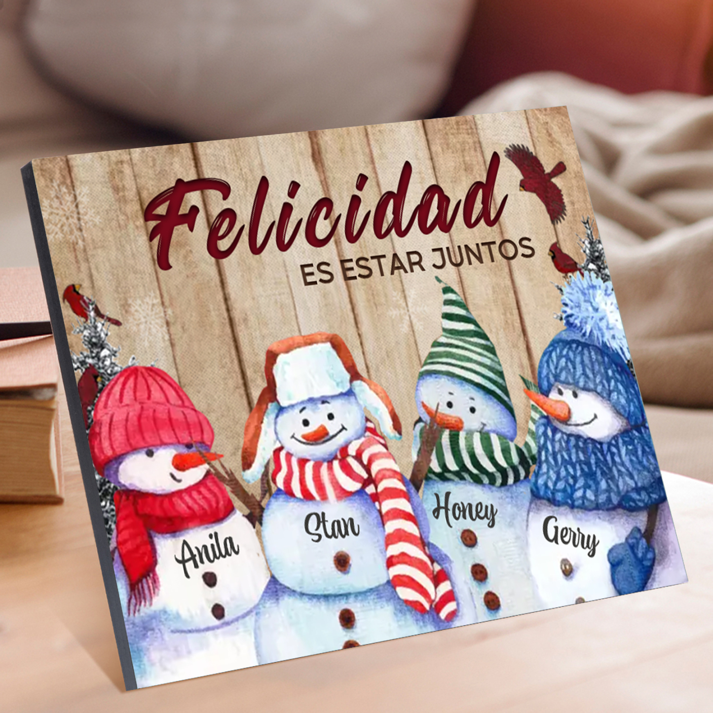 A mi familia-Lámina de madera Feliz Navidad muñecos de nieve personalizada con 4 nombres y 2 textos | Jessemade