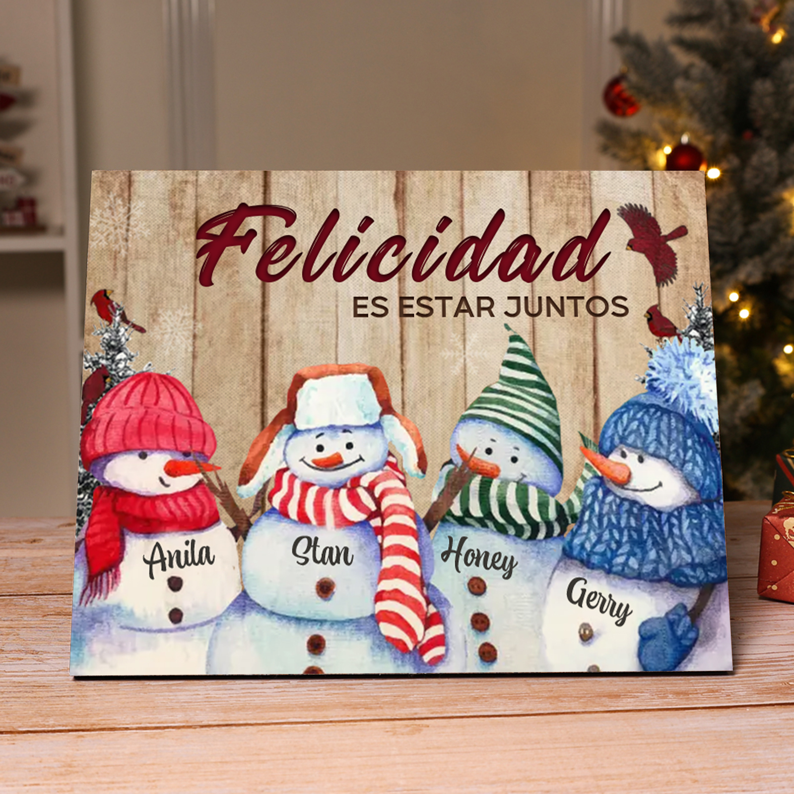 A mi familia-Lámina de madera Feliz Navidad muñecos de nieve personalizada con 4 nombres y 2 textos | Jessemade