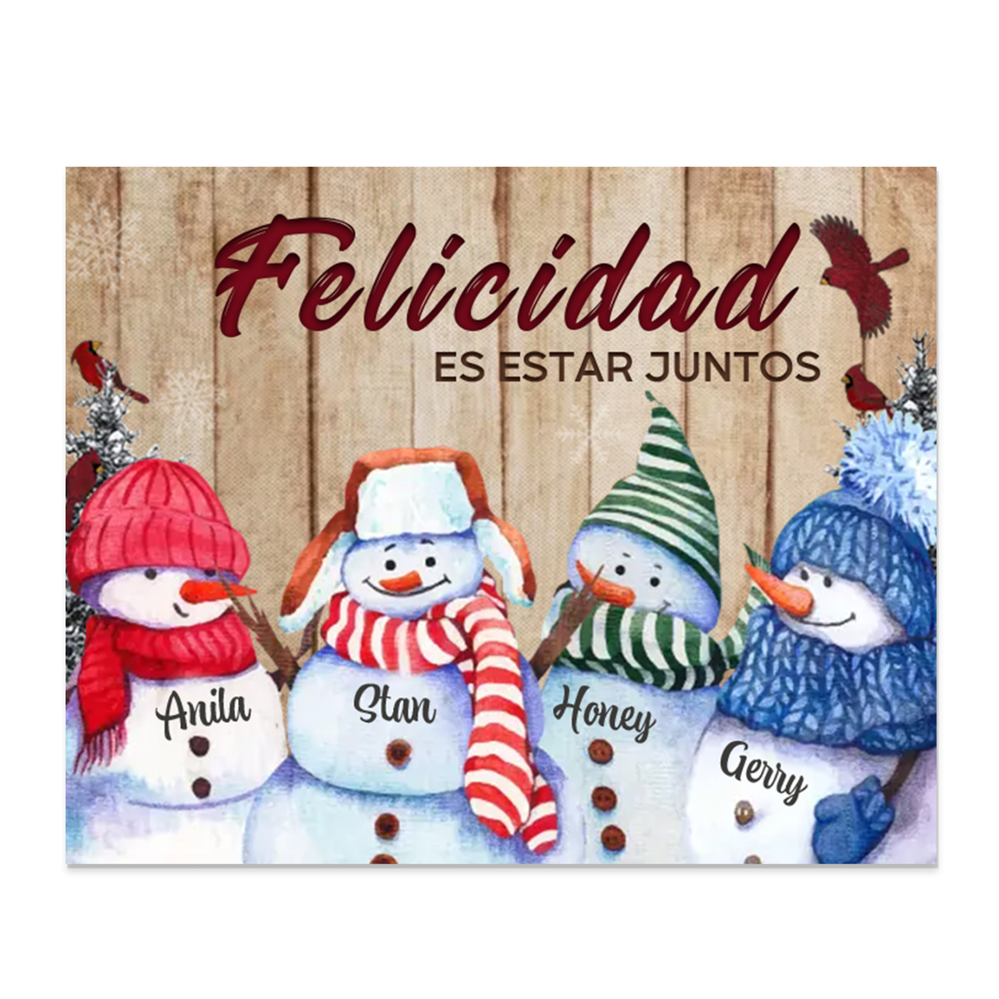 A mi familia-Lámina de madera Feliz Navidad muñecos de nieve personalizada con 4 nombres y 2 textos | Jessemade