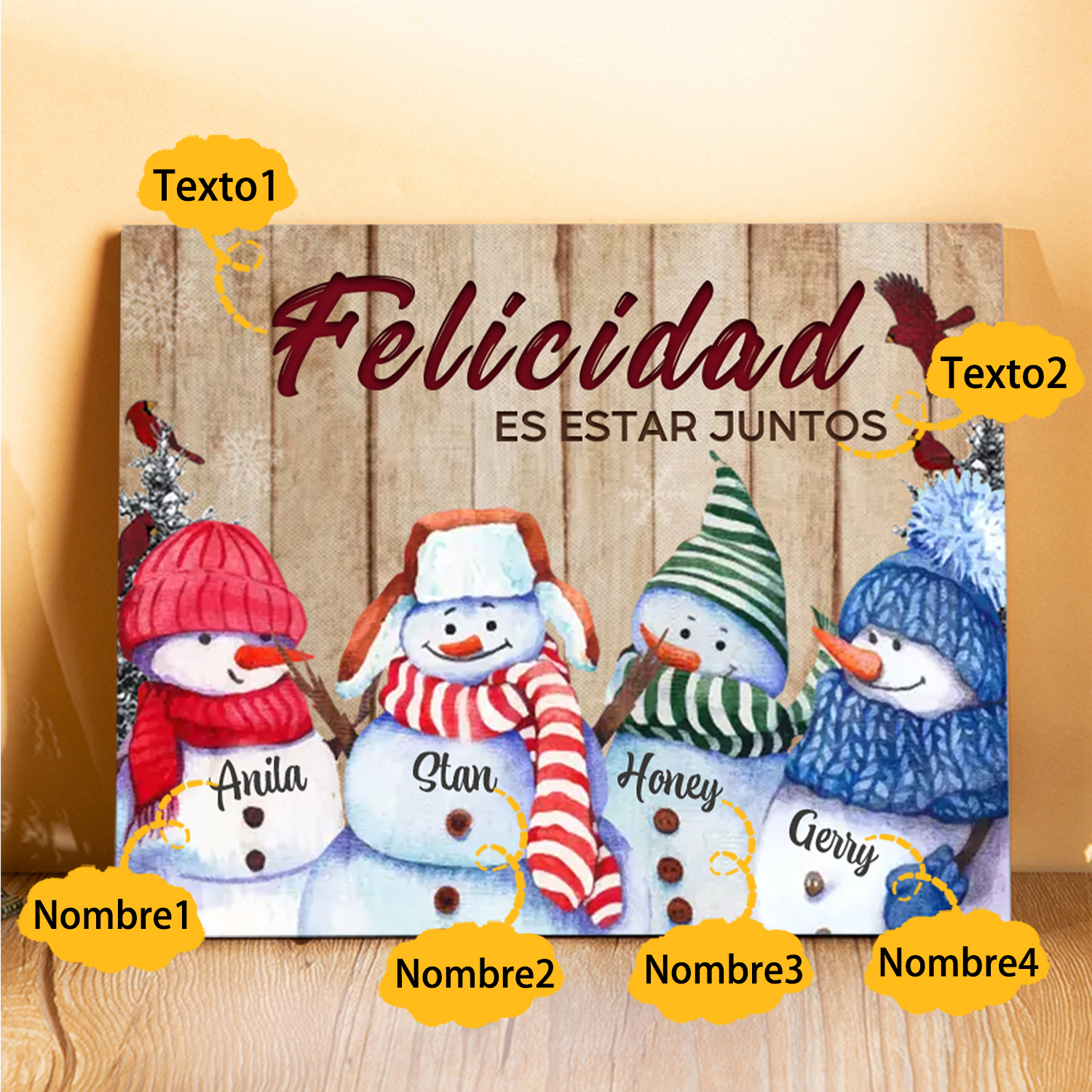 A mi familia-Lámina de madera Feliz Navidad muñecos de nieve personalizada con 4 nombres y 2 textos | Jessemade