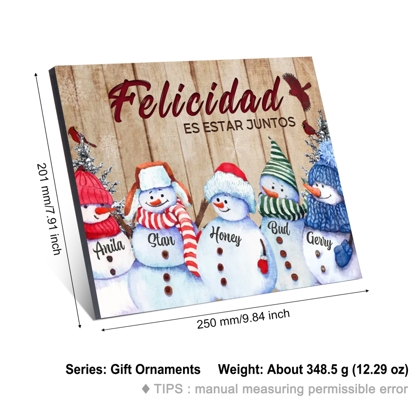 A mi familia-Lámina de madera Feliz Navidad muñecos de nieve personalizada con 5 nombres y 2 textos | Jessemade