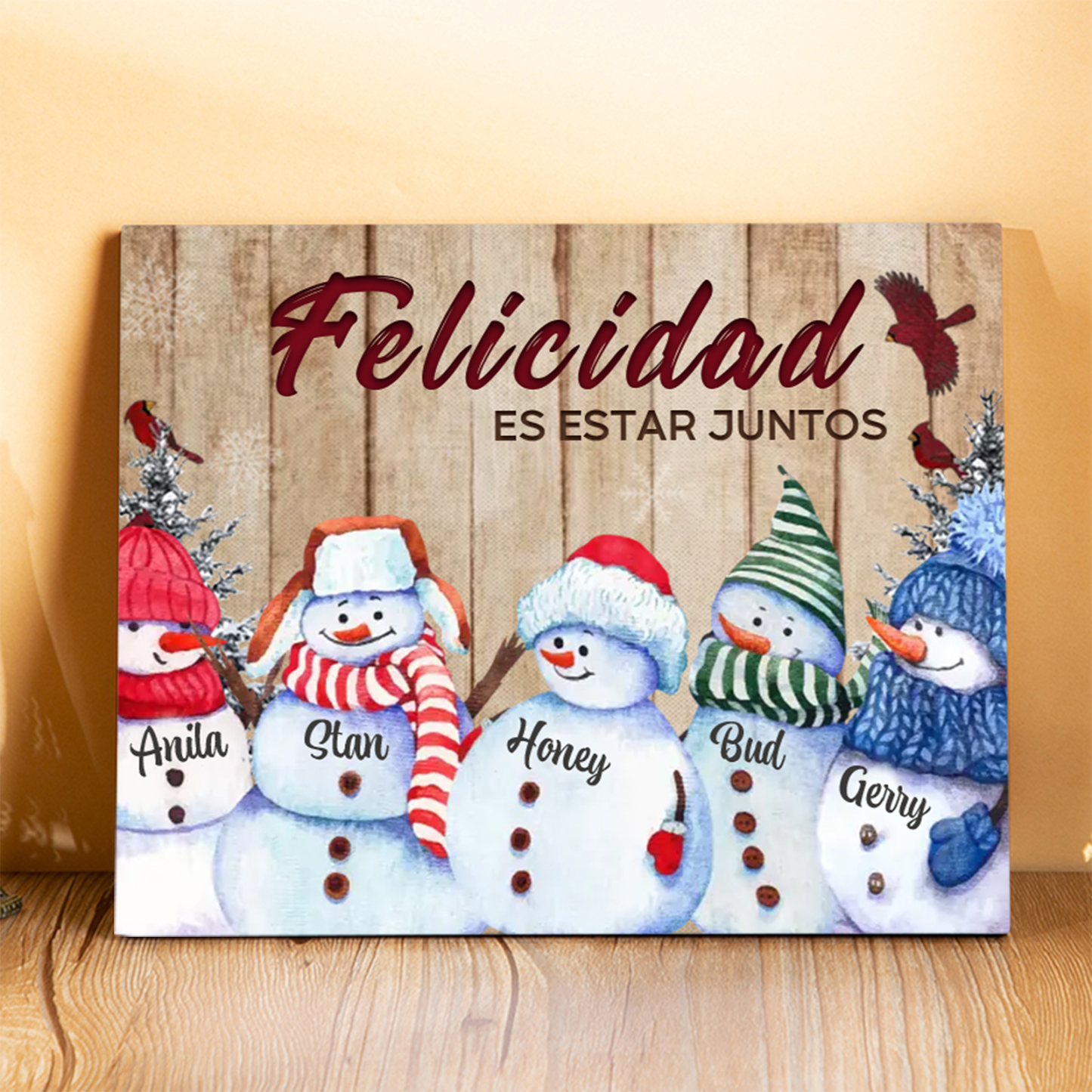 A mi familia-Lámina de madera Feliz Navidad muñecos de nieve personalizada con 5 nombres y 2 textos | Jessemade