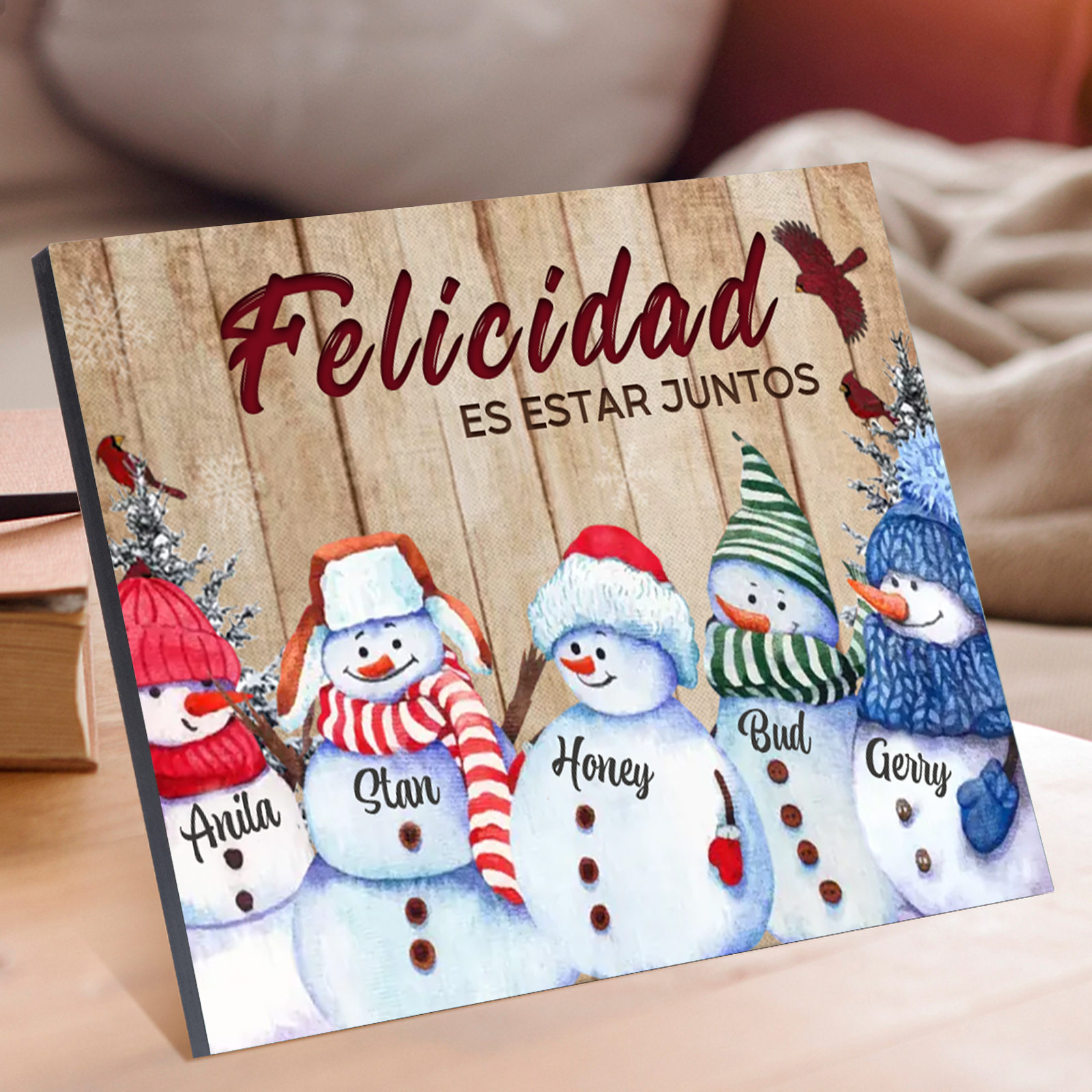 A mi familia-Lámina de madera Feliz Navidad muñecos de nieve personalizada con 5 nombres y 2 textos | Jessemade