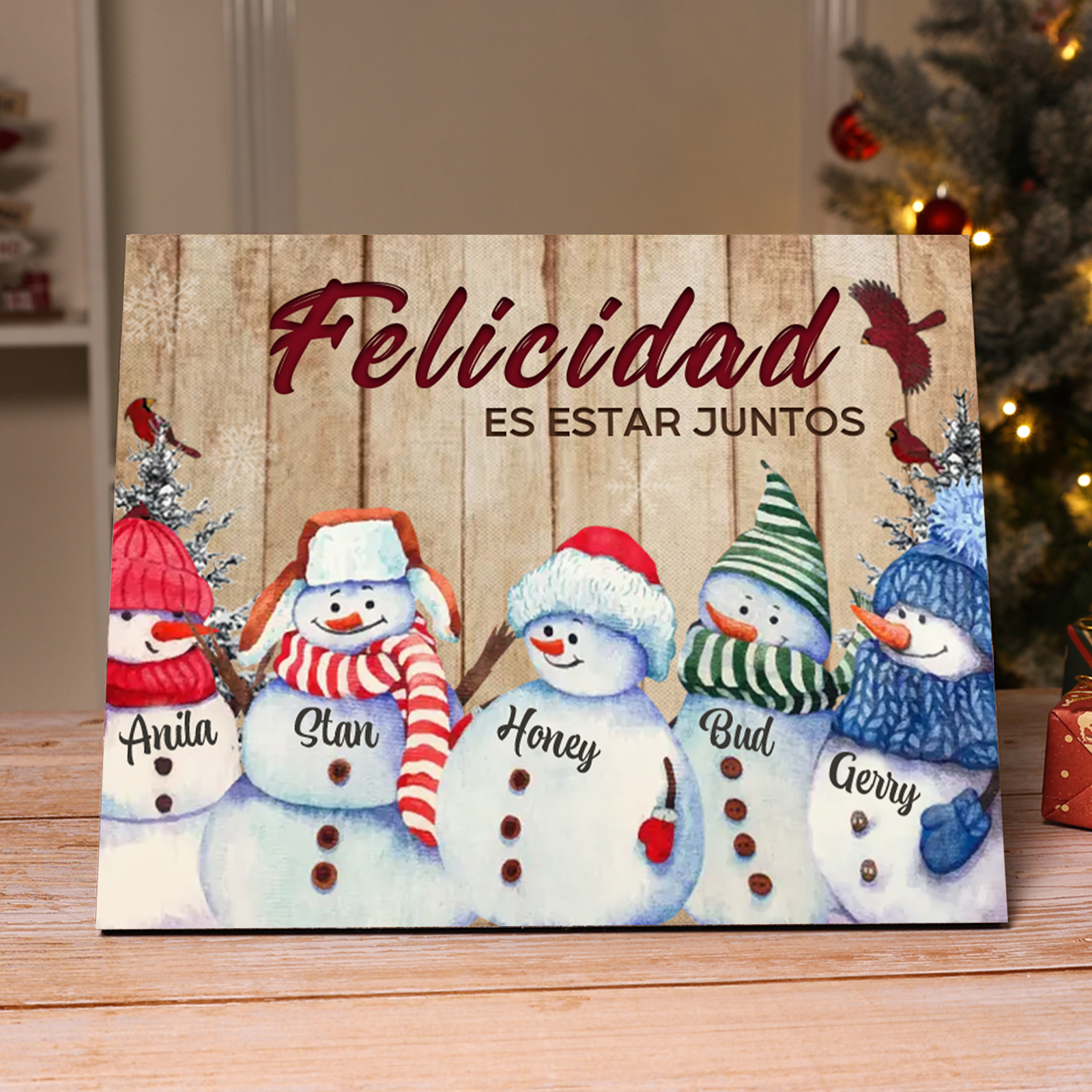 A mi familia-Lámina de madera Feliz Navidad muñecos de nieve personalizada con 5 nombres y 2 textos | Jessemade