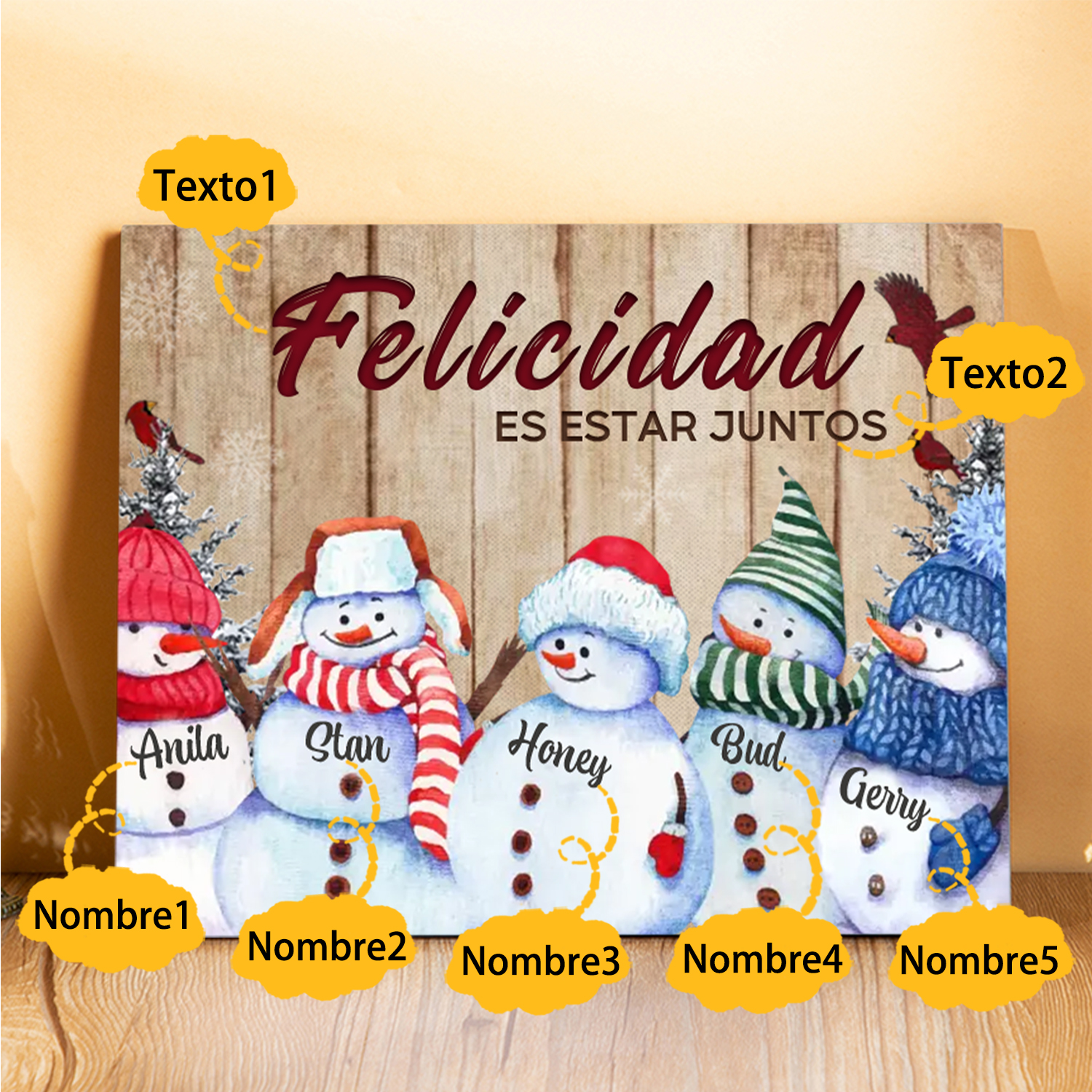 A mi familia-Lámina de madera Feliz Navidad muñecos de nieve personalizada con 5 nombres y 2 textos | Jessemade