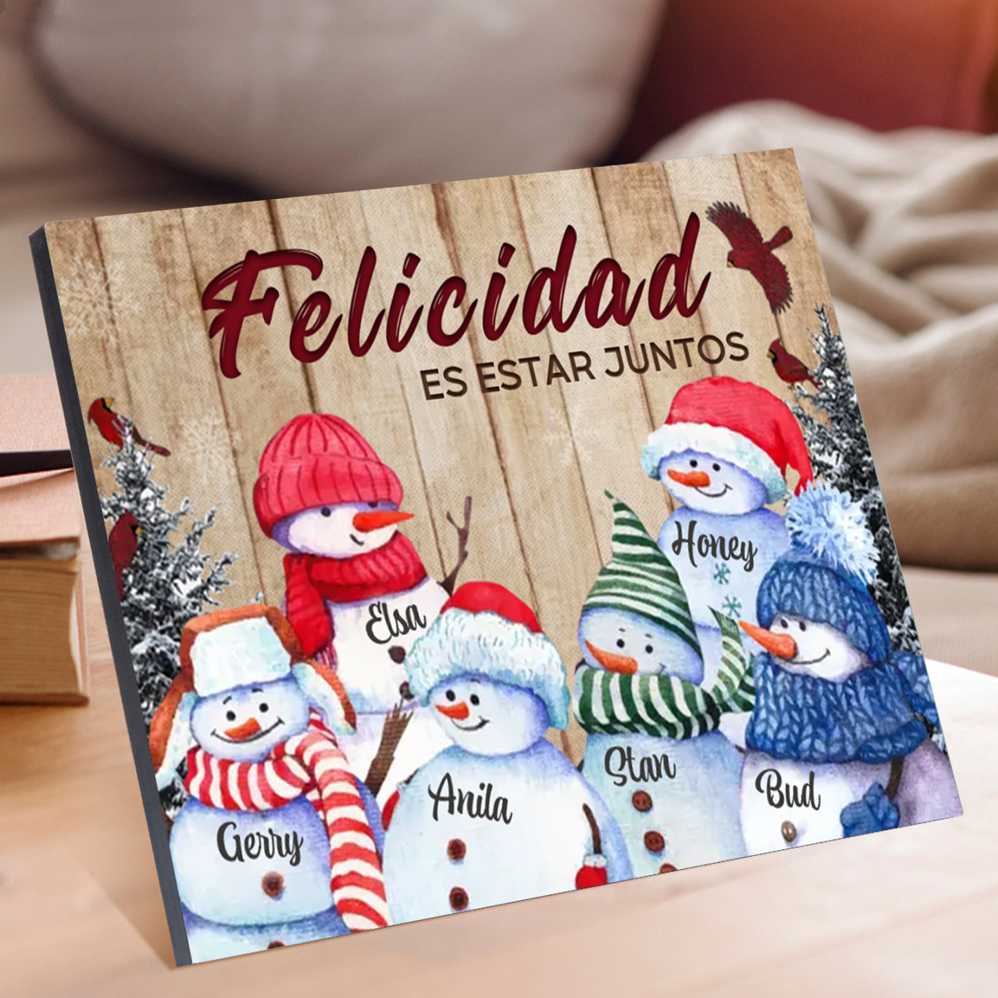 A mi familia-Lámina de madera Feliz Navidad muñecos de nieve personalizada con 6 nombres y 2 textos | Jessemade