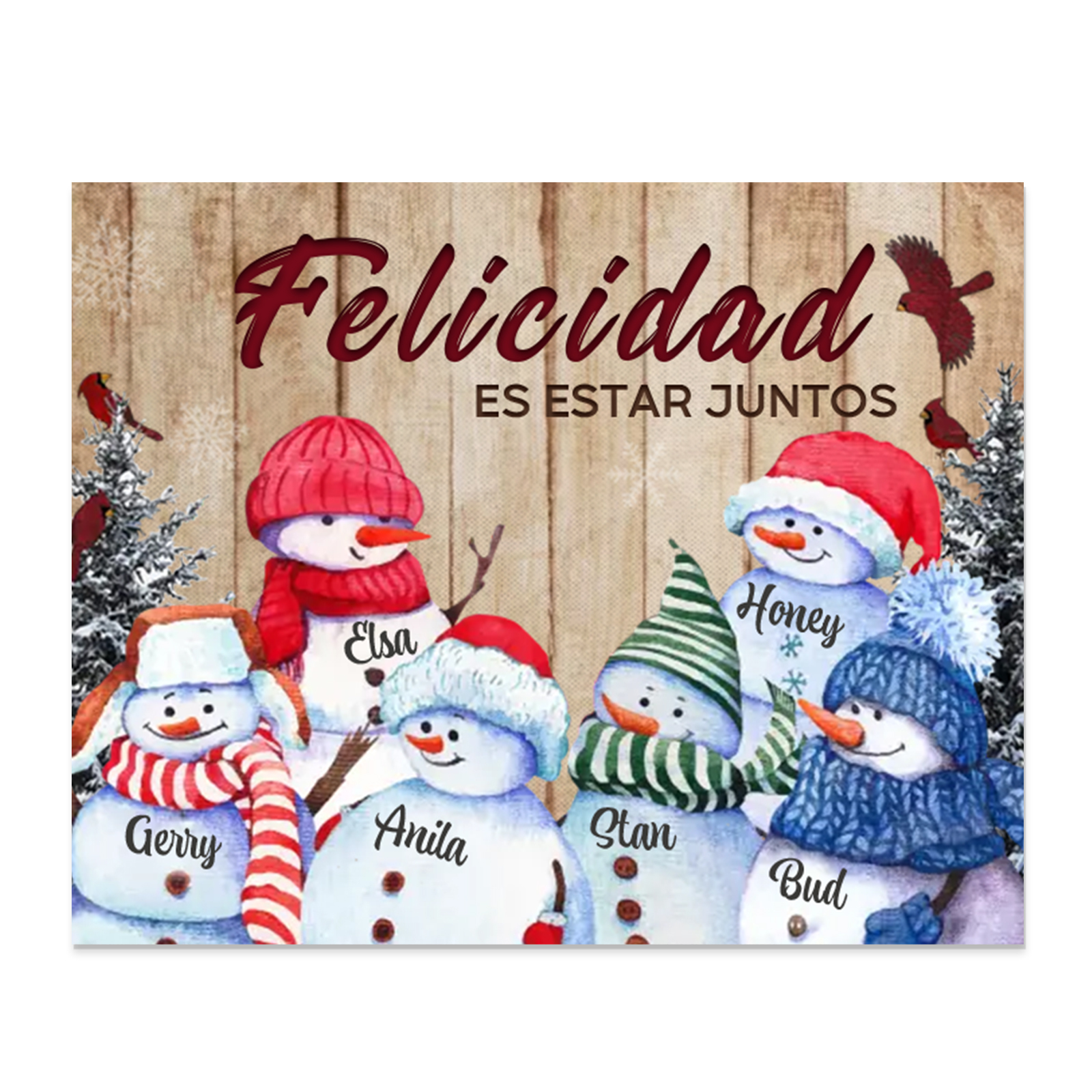 A mi familia-Lámina de madera Feliz Navidad muñecos de nieve personalizada con 6 nombres y 2 textos | Jessemade