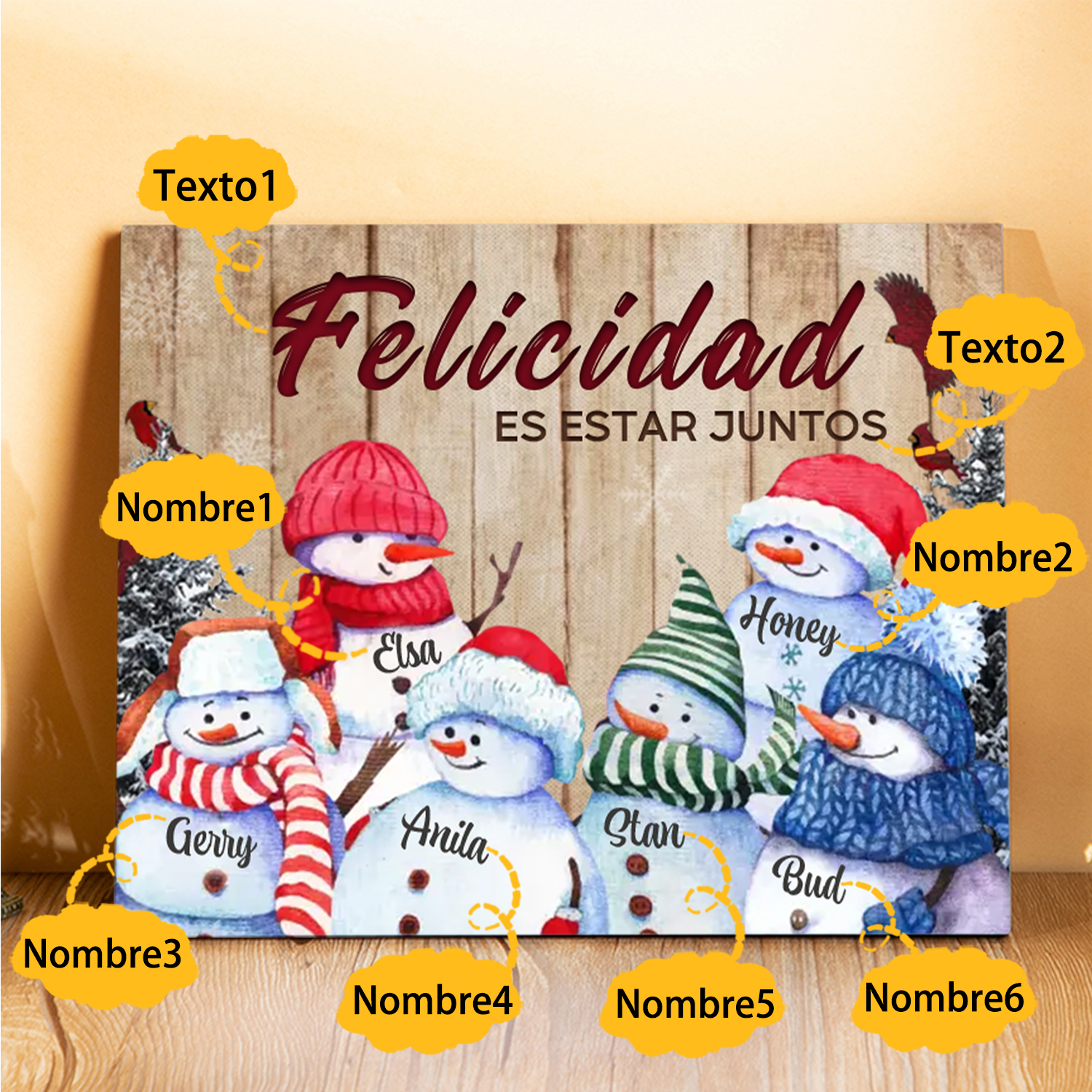 A mi familia-Lámina de madera Feliz Navidad muñecos de nieve personalizada con 6 nombres y 2 textos | Jessemade