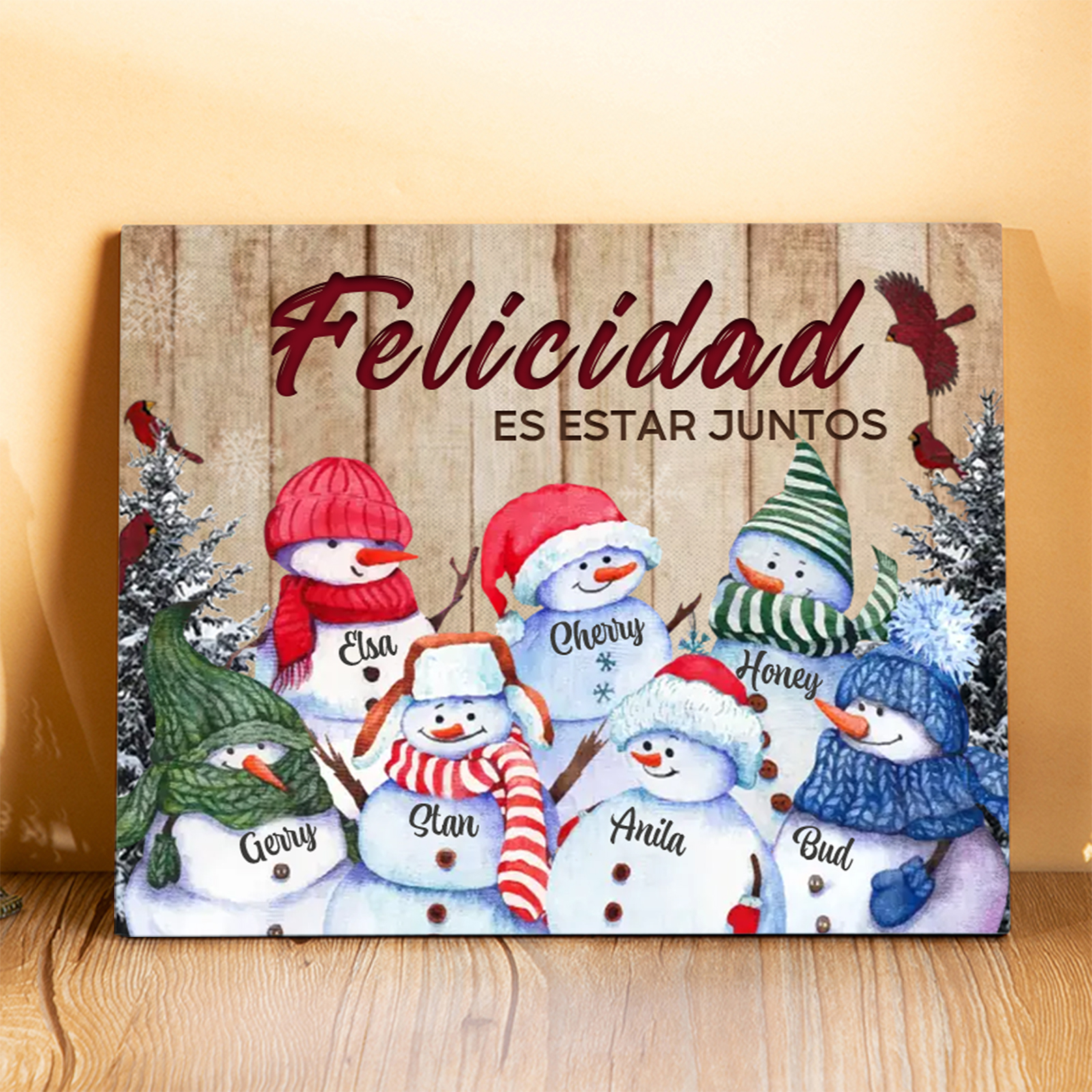 A mi familia-Lámina de madera Feliz Navidad muñecos de nieve personalizada con 7 nombres y 2 textos | Jessemade