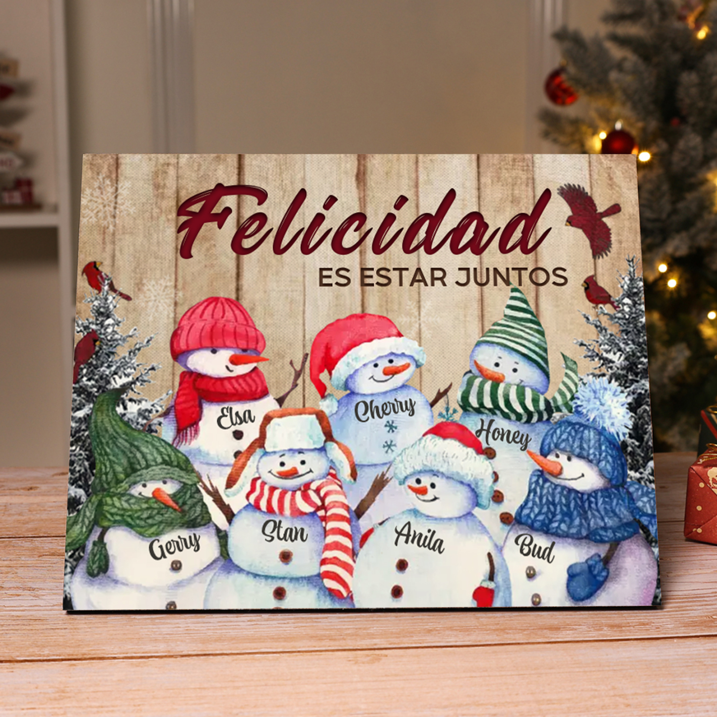 A mi familia-Lámina de madera Feliz Navidad muñecos de nieve personalizada con 7 nombres y 2 textos | Jessemade