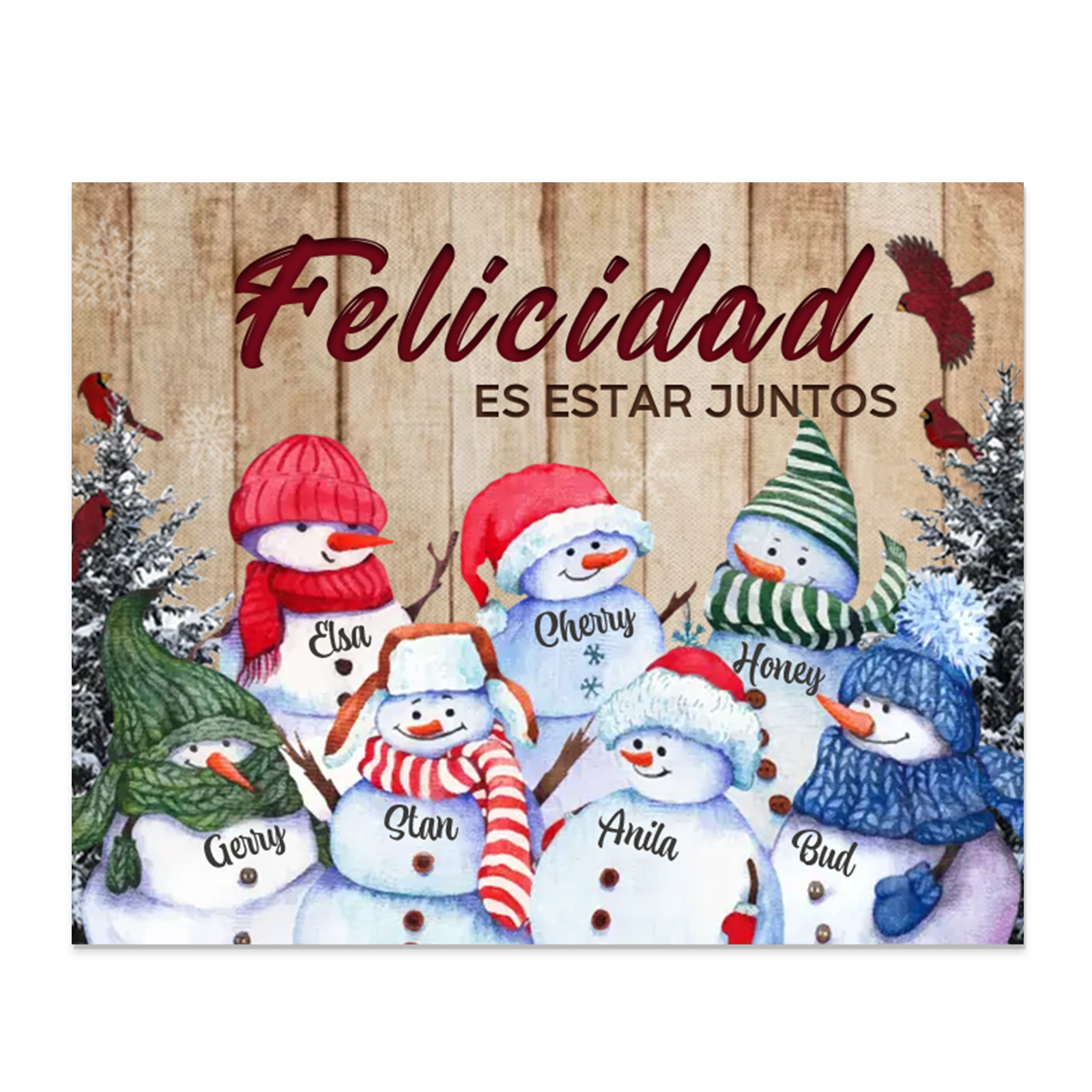 A mi familia-Lámina de madera Feliz Navidad muñecos de nieve personalizada con 7 nombres y 2 textos | Jessemade